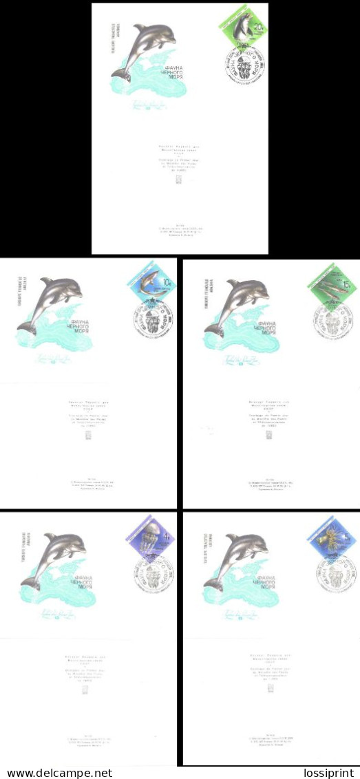 Soviet Union:Russia:USSR:FDC Covers Serie Black Sea Fauna, Jellyfish, Shark, Dolphin, Fishes, 1991 - FDC