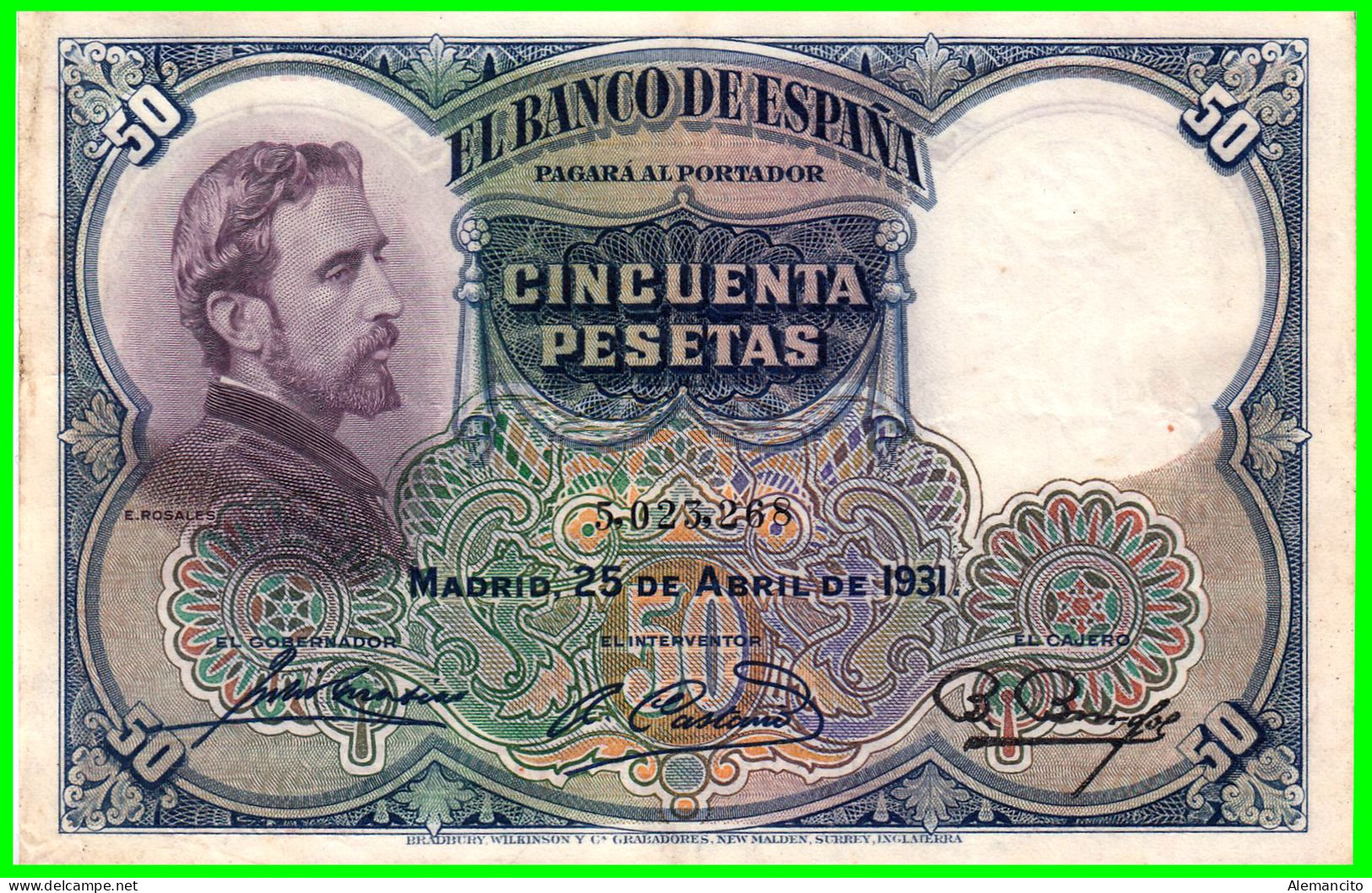 BILLETE DE 50 PESETAS DE ESPAÑA. MADRID, 25 DE ABRIL DE 1931. SERIE 5,023,268 EN EL PRECIO VA INCLUIDO TODOS LOS GASTOS - 50 Pesetas