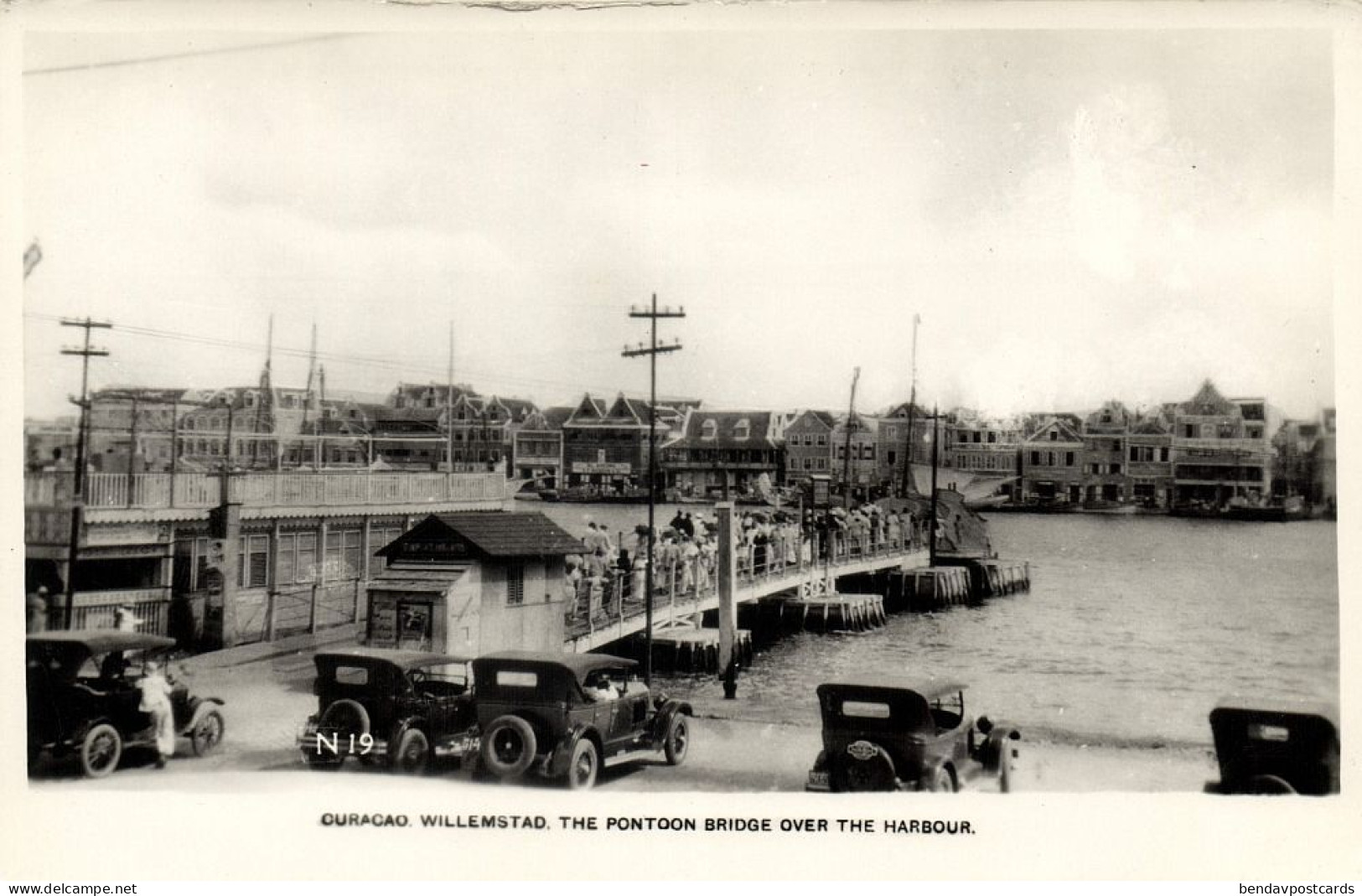 Curacao, N.W.I., WILLEMSTAD, Pontoon Bridge Over Harbour (1930s) RPPC Postcard - Curaçao
