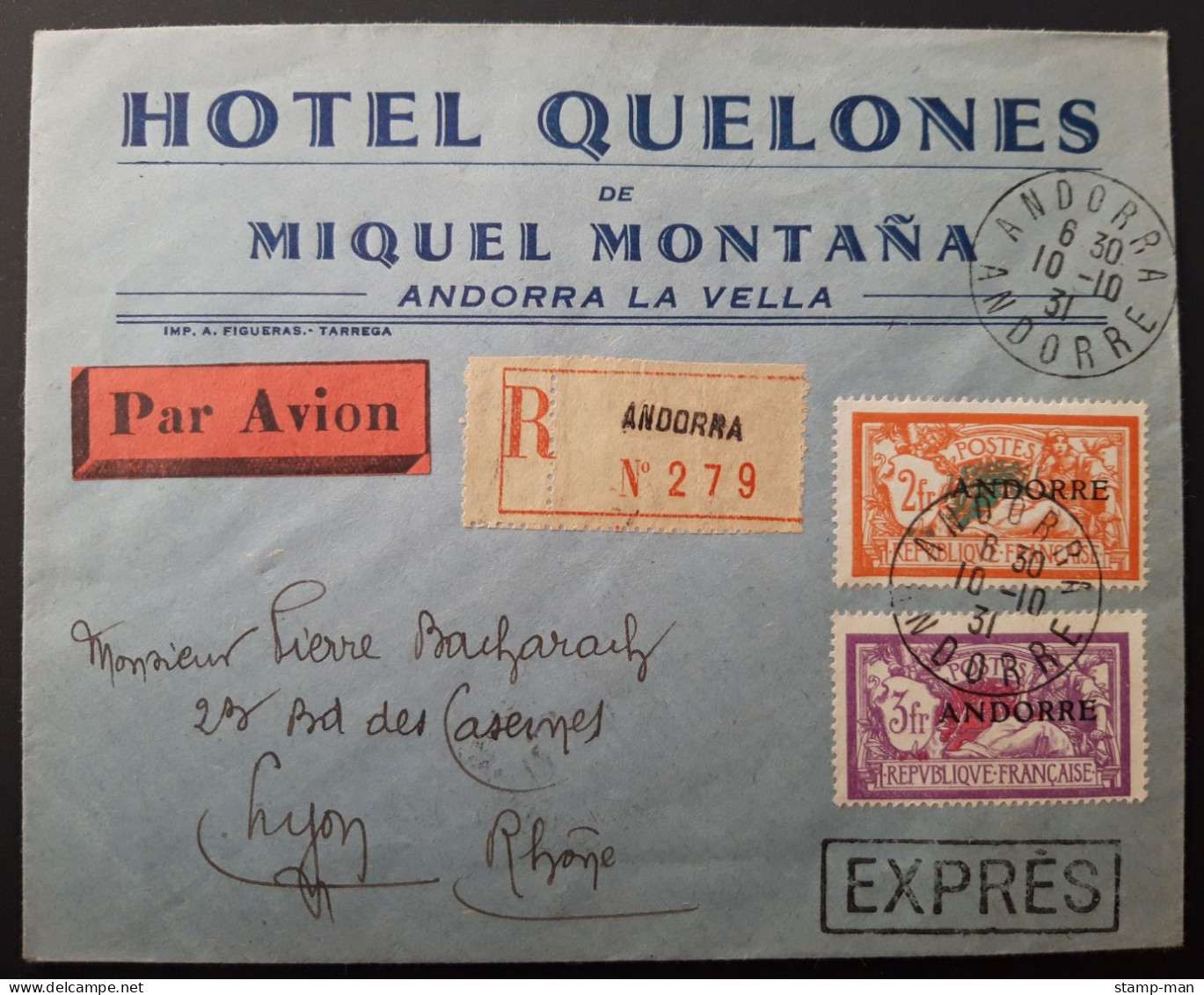 FRENCH ANDORRA. 1931. EXPRESS REGISTERED AIRMAIL COVER WITH RARE STAMPS 2FR AND 3FR. - Briefe U. Dokumente