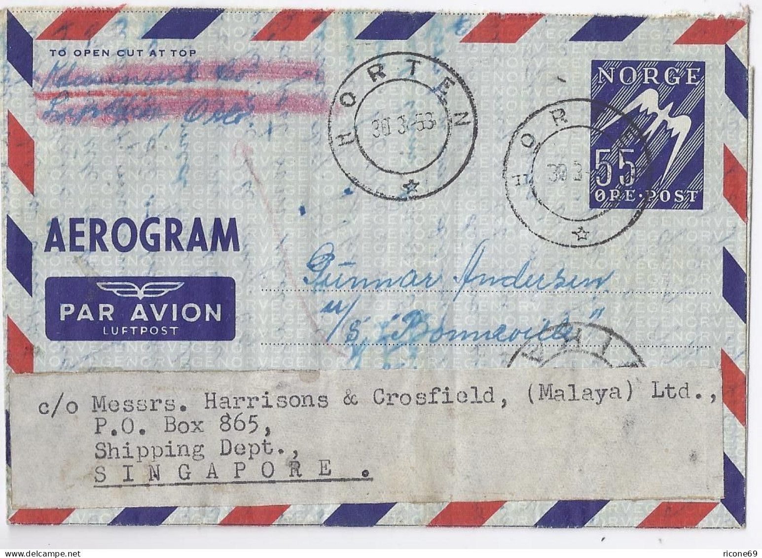 Norwegen Singapore 1953, 55 öre Aerogramm Ganzsache Brief V. Horten. #1617 - Briefe U. Dokumente