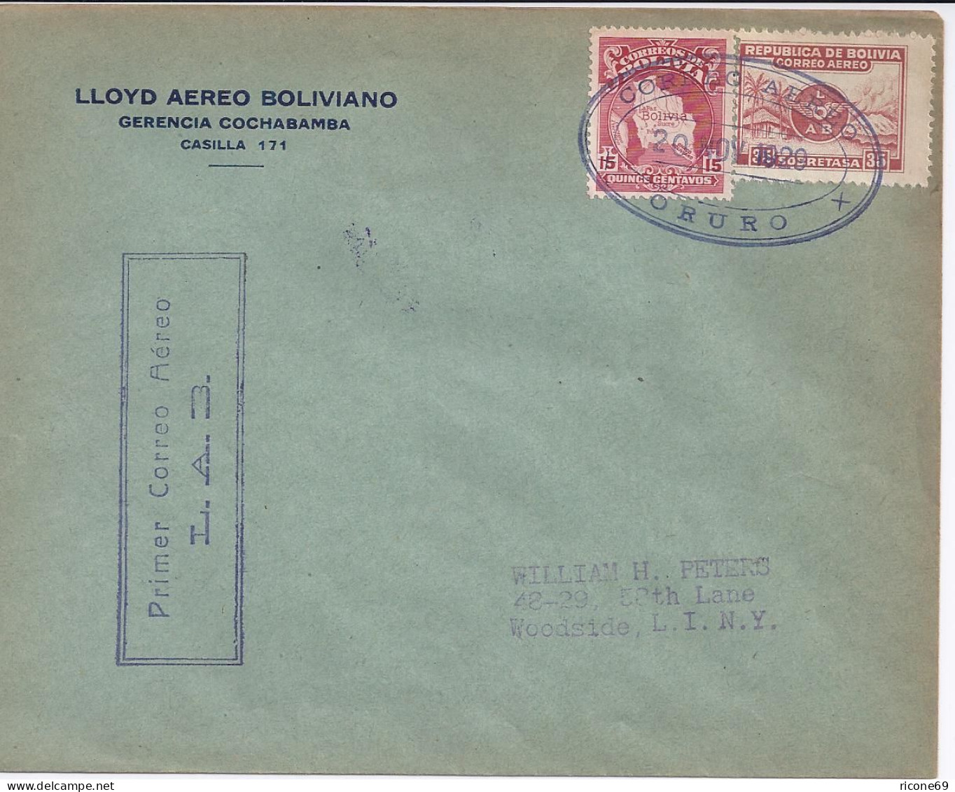 Bolivien 1929, Oruro-La Paz Erstflug Brief M. Ankunftstempel. #200 - Bolivia