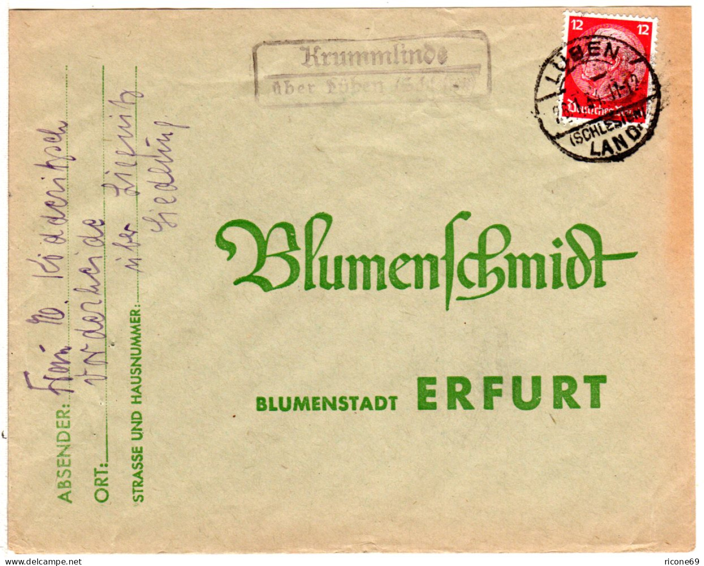 DR 1934, Landpost Stpl. KRUMMLINDE über Lüben (Schlesien) Auf Brief M. 12 Pfg. - Storia Postale