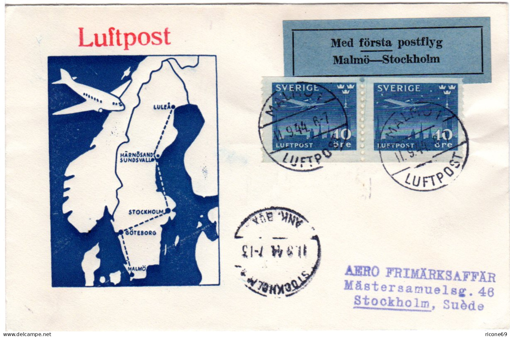 Schweden 1944, 2x10 öre On 1st. Flight Cover From Malmö To Stockholm - Cartas & Documentos