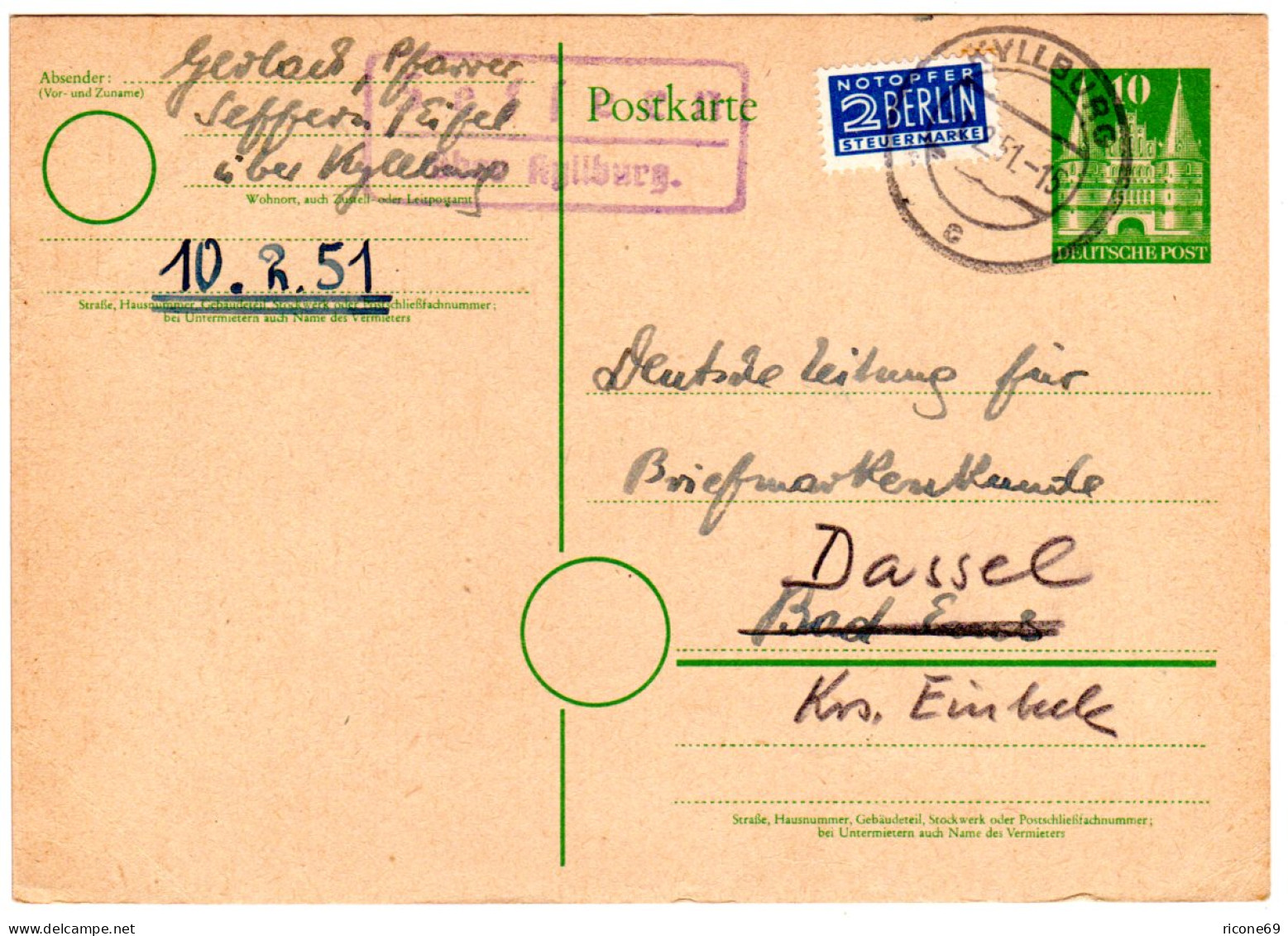 1951, Landpost Stempel SEFFERN über KYLLBURG Auf 10 Pf. Ganzsache - Collections