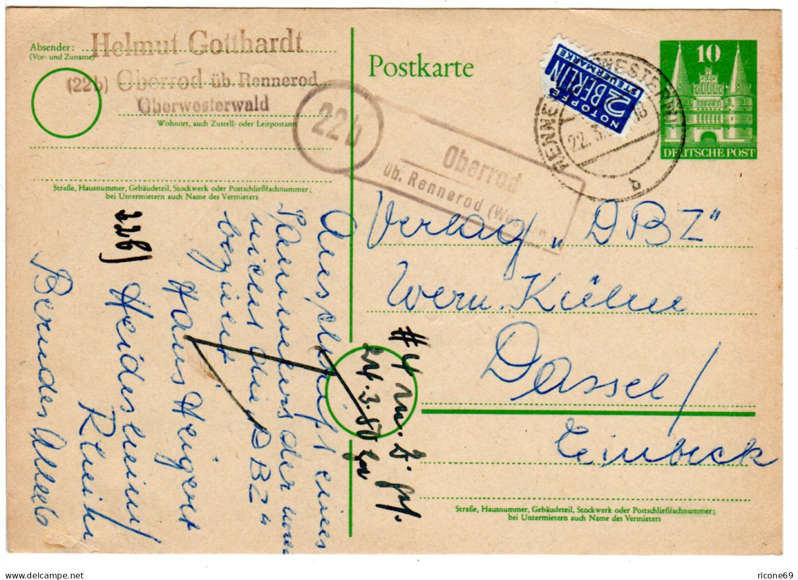 1950, Landpost Stempel 22b OBERROD üb. Rennerod (Westerw.) Auf 10 Pf. Ganzsache - Sammlungen
