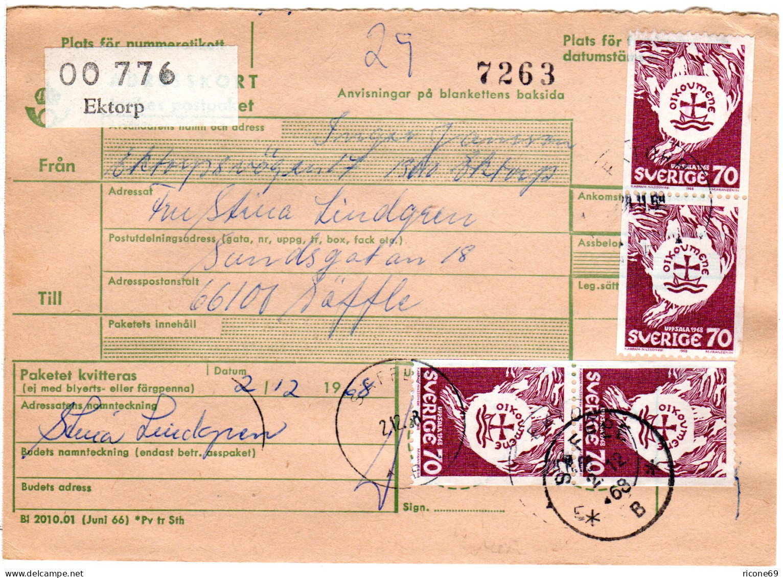 Schweden 1968, MeF 4x70 öre Ökumene Auf Paketkarte V. Ektorp  - Brieven En Documenten