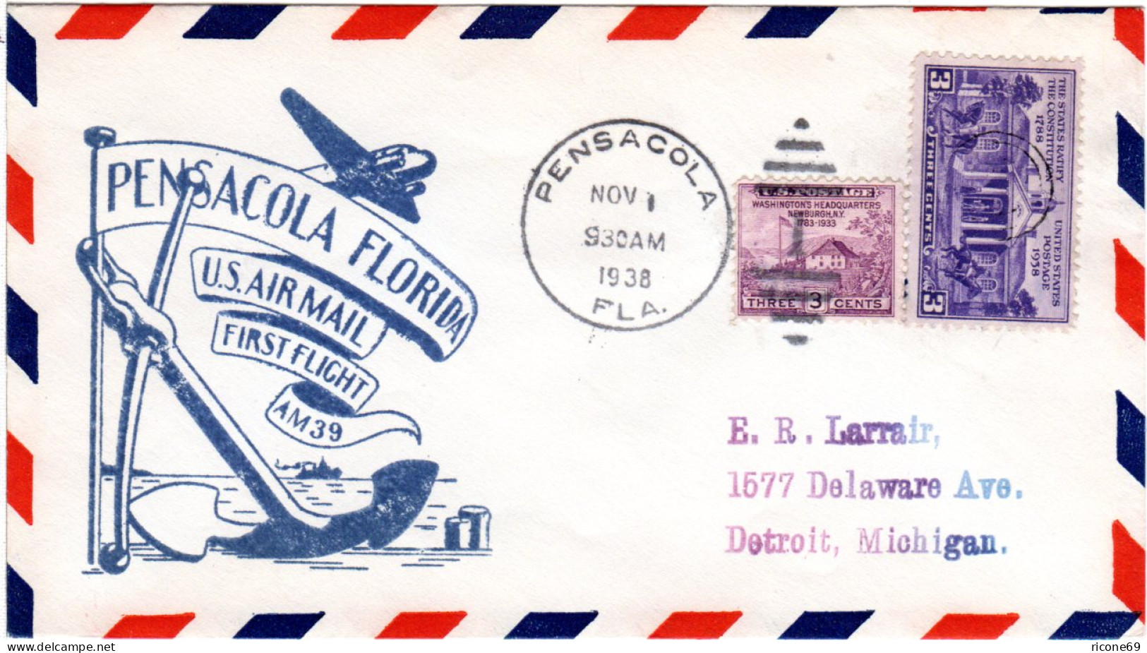US 1938, Pensacola Erstflug Stpl. M. Anker, Brief M. 2 Marken - Maritiem