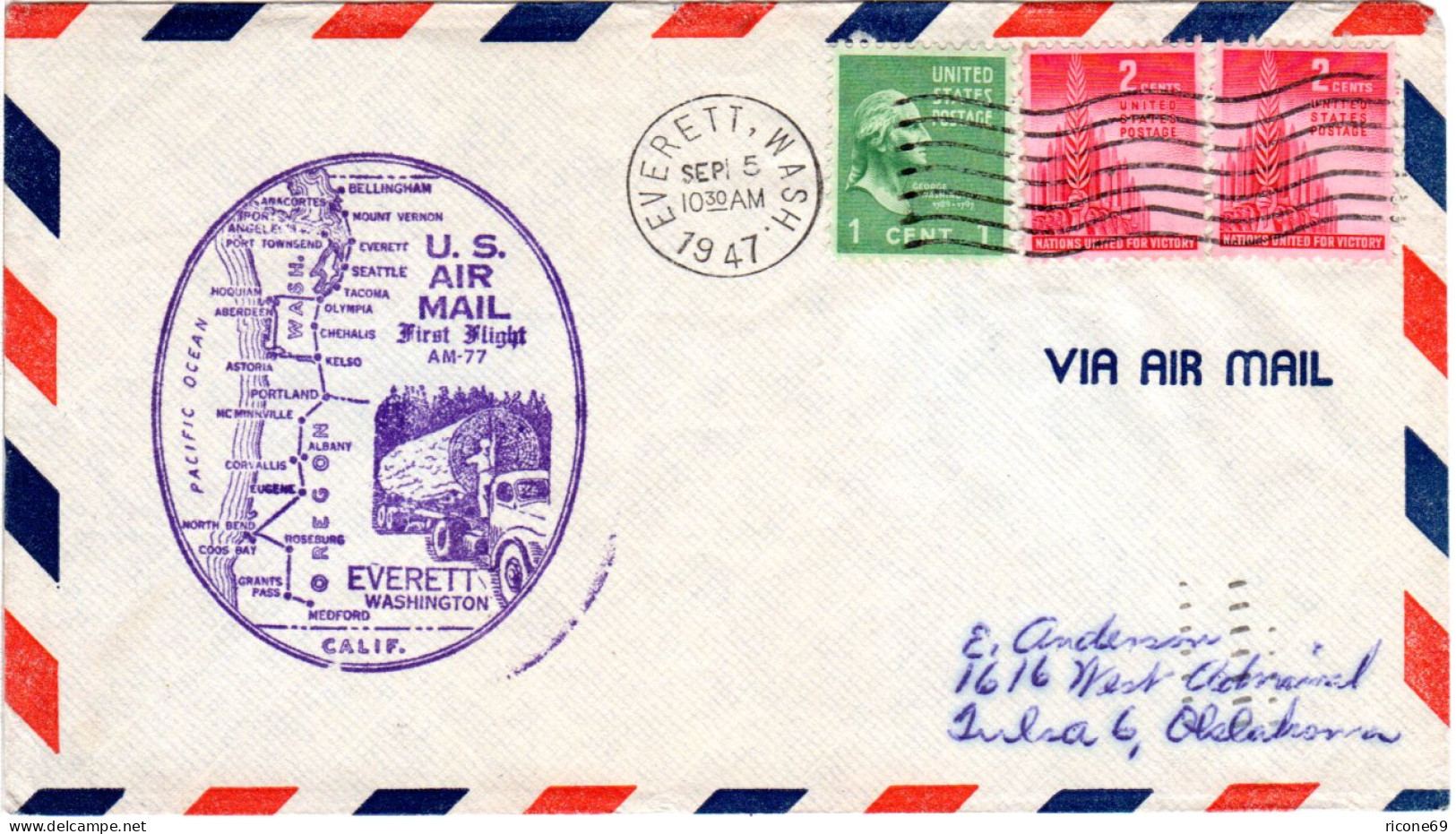 US 1947, Everett Erstflug Stpl. M. Baumstamm Auf LKW, Brief M. 3 Marken - Agriculture