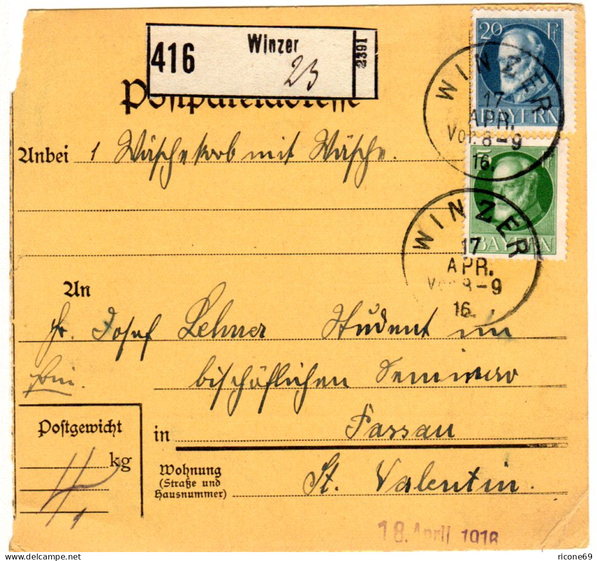 Bayern 1919, 5+20 Pf. Auf Paketkarte M. Klarem K1 WINZER - Vins & Alcools