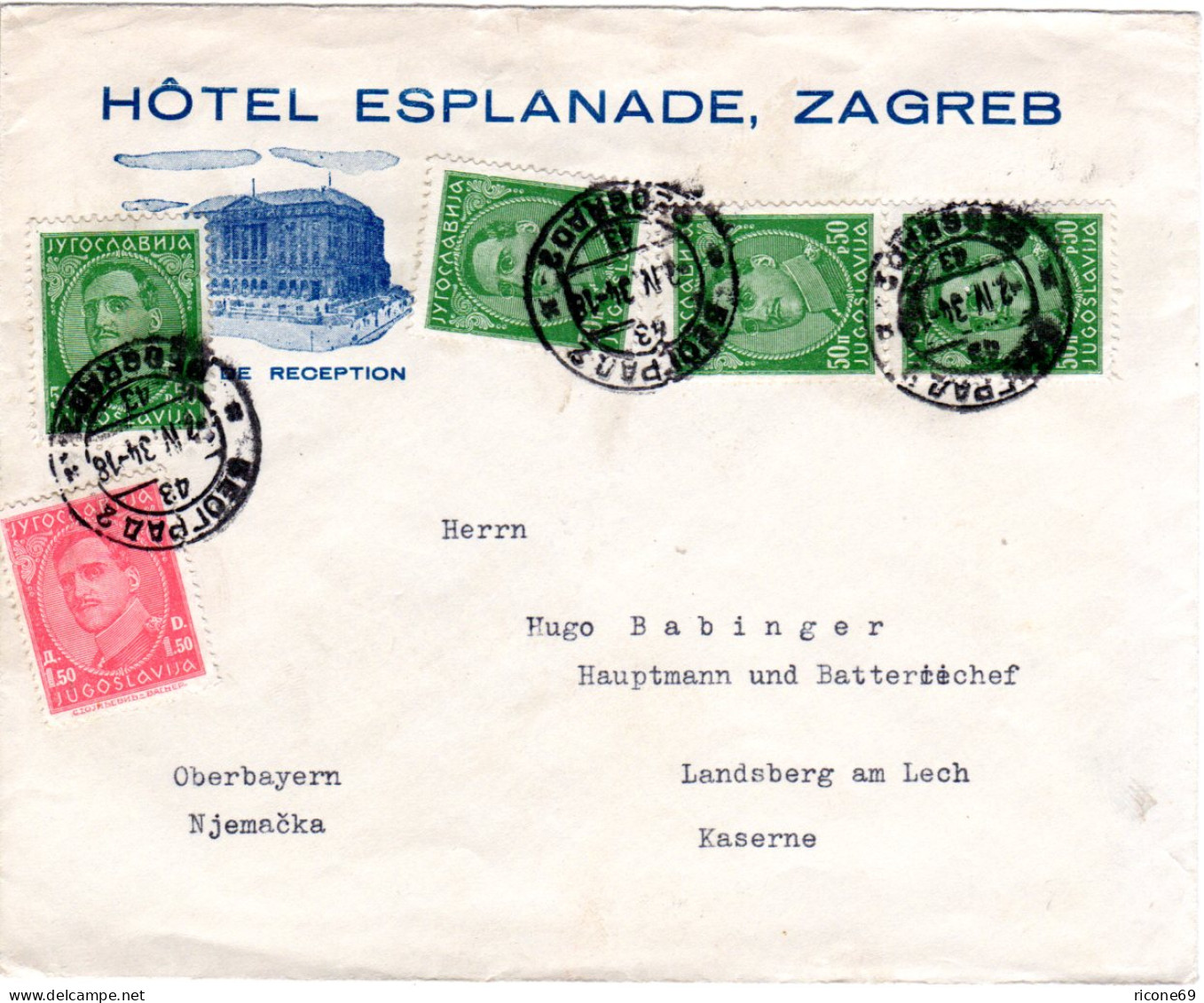 Jugoslawien 1934, 5 Marken Auf Zagreb Hotel Bilder Brief Ab Belgrad  - Otros & Sin Clasificación