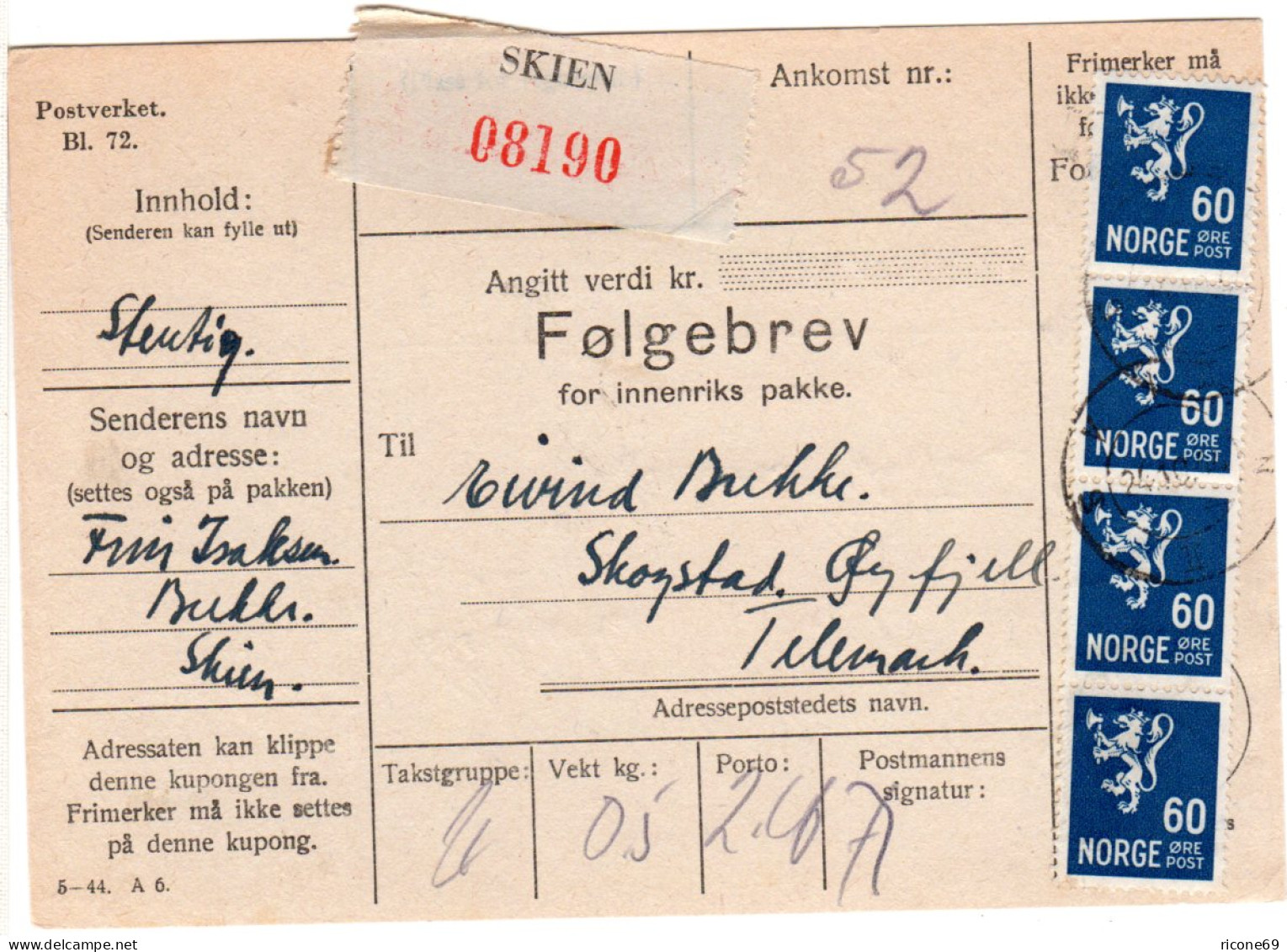 Norwegen 1944, MeF 4er-Streifen 60 öre Auf Paketkarte V. SKIEN - Brieven En Documenten