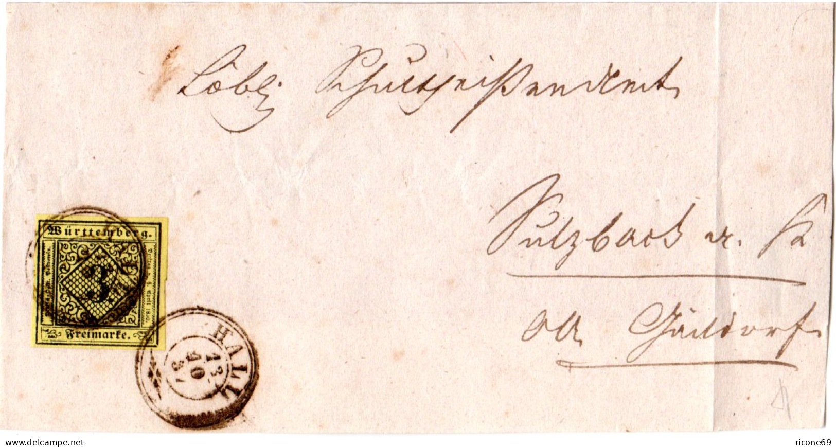 Württemberg 1857, Breitrandige 3 Kr. Gelb Auf Briefteil M. K3 HALL. Geprüft. - Covers & Documents