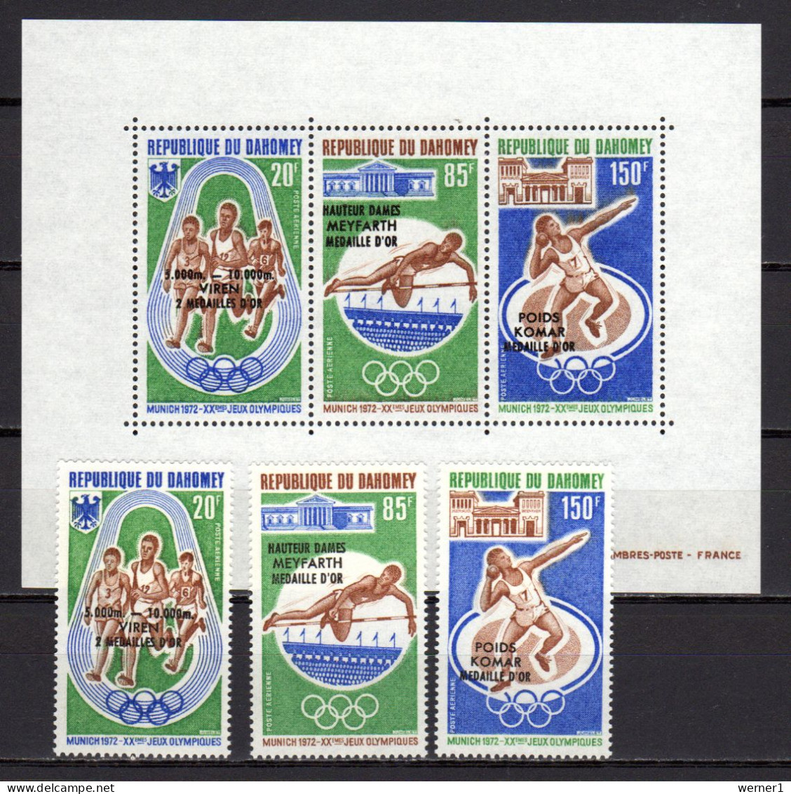 Dahomey 1972 Olympic Games Munich Set Of 3 + S/s With Winners Overprint MNH - Sommer 1972: München