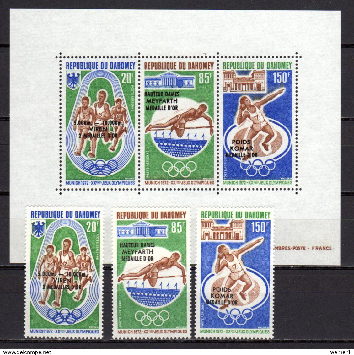 Dahomey 1972 Olympic Games Munich Set Of 3 + S/s With Winners Overprint MNH - Summer 1972: Munich