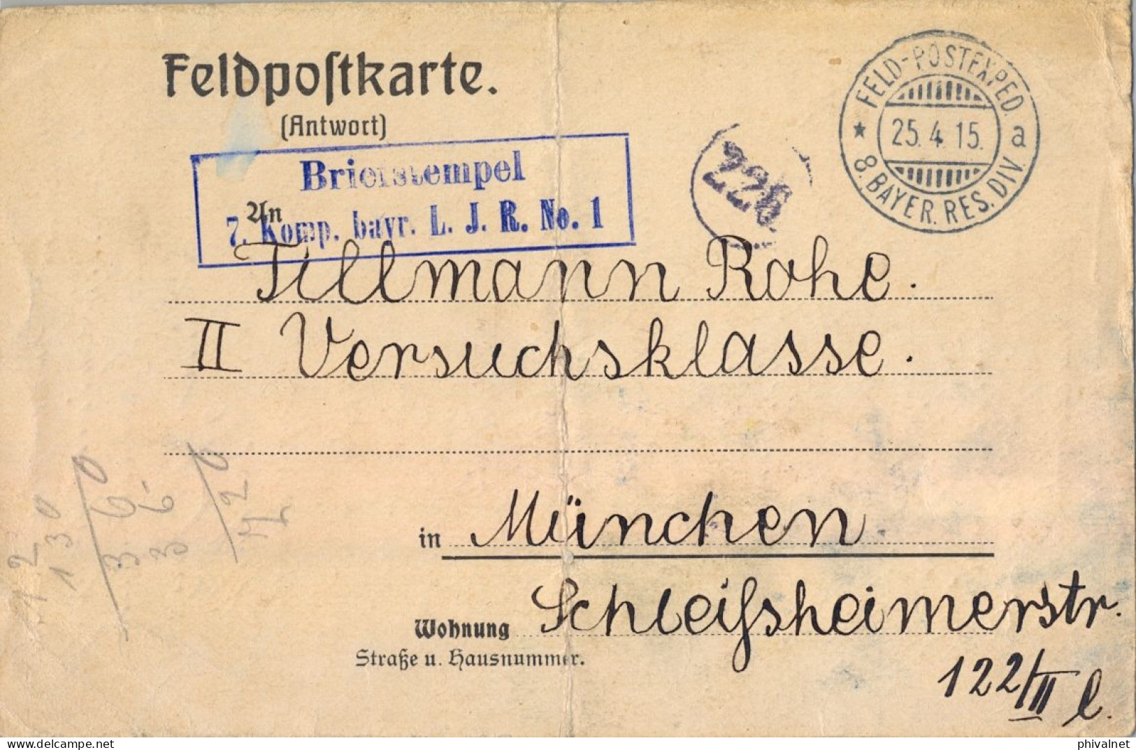 1915 , FELDPOSTKARTE , BRIEFSTEMPEL / 7. KOMP. BAYR. L.J.R. Nº 1 , CIRCULADA A MÜNICH , FELDPOST , CORREO MILITAR - Feldpost (Portofreiheit)