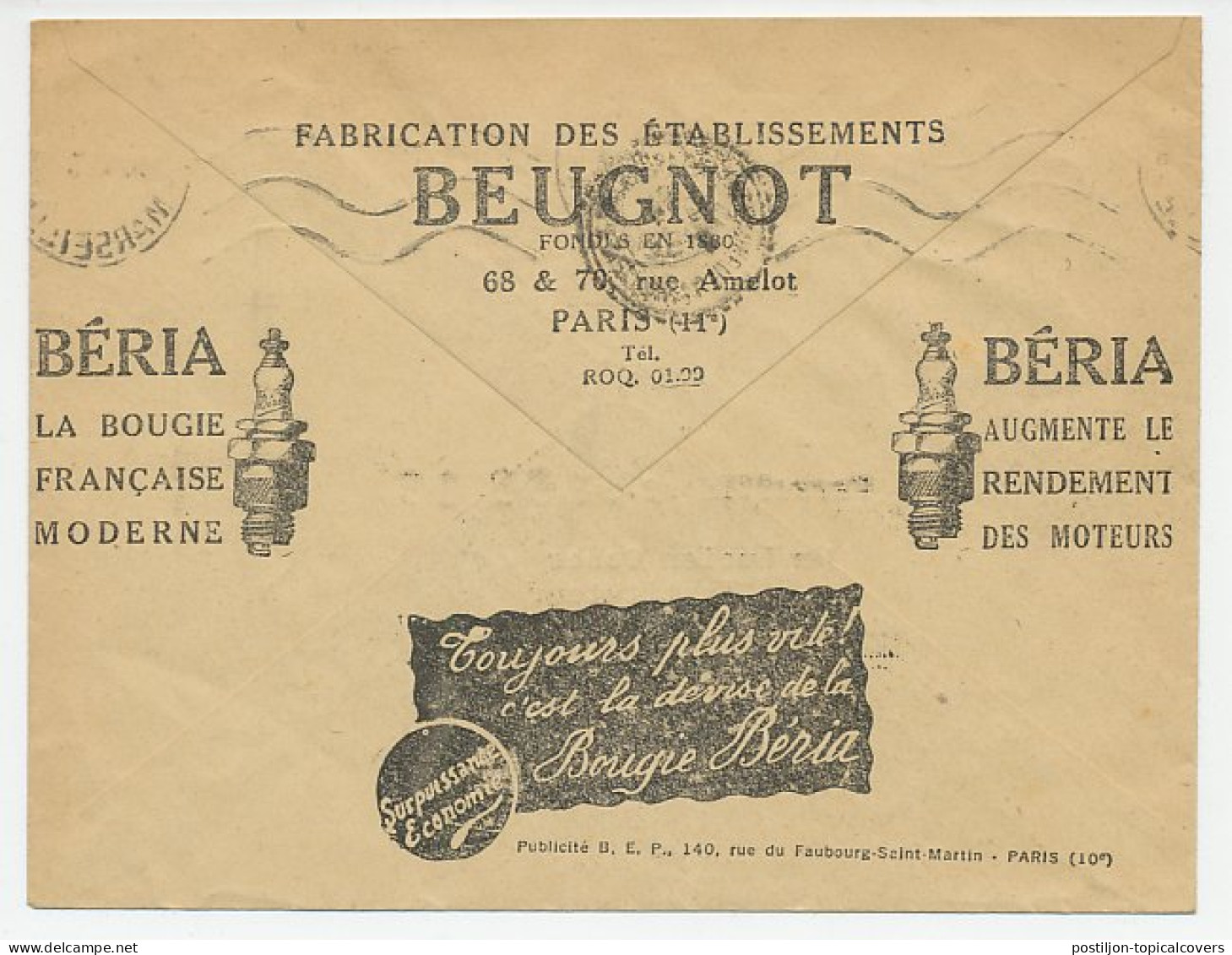 Postal Cheque Cover France 1935 Spark Plugs - Beria - Beugnot - Electricidad