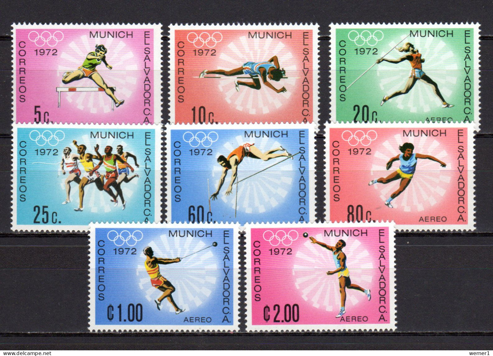 El Salvador 1973 Olympic Games Munich, Javelin, Athletics Set Of 8 MNH - Verano 1972: Munich