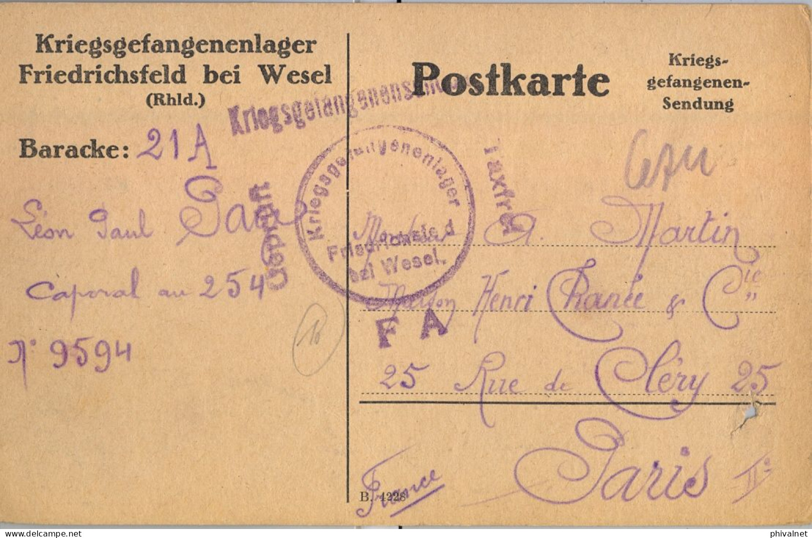 1915 KRIEGSGEFANGENENLAGER / FRIEDRICHSFELD BEI WESEL /GEPRÜFT , PRISIONEROS DE GUERRA , CENSURA - Gevangenenpost