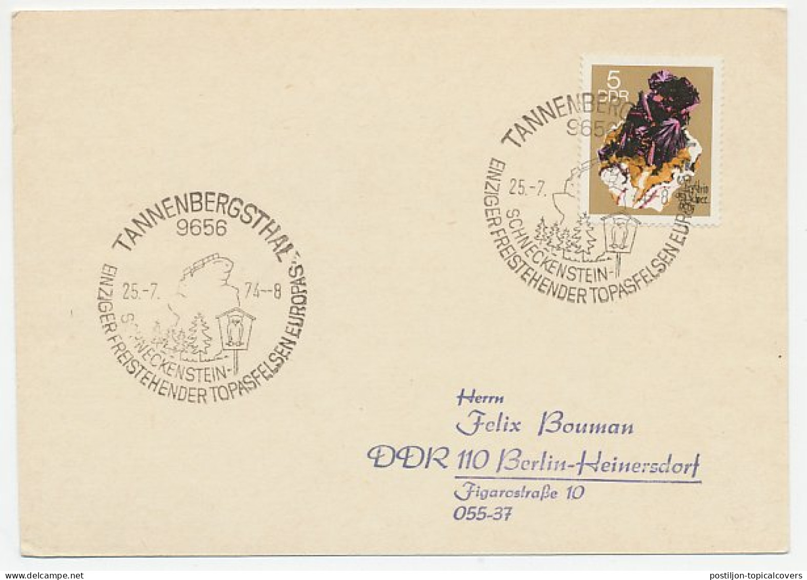 Card / Postmark Germany / DDR 1974 Topaz - Schneckenstein - Bird - Owl - Andere & Zonder Classificatie