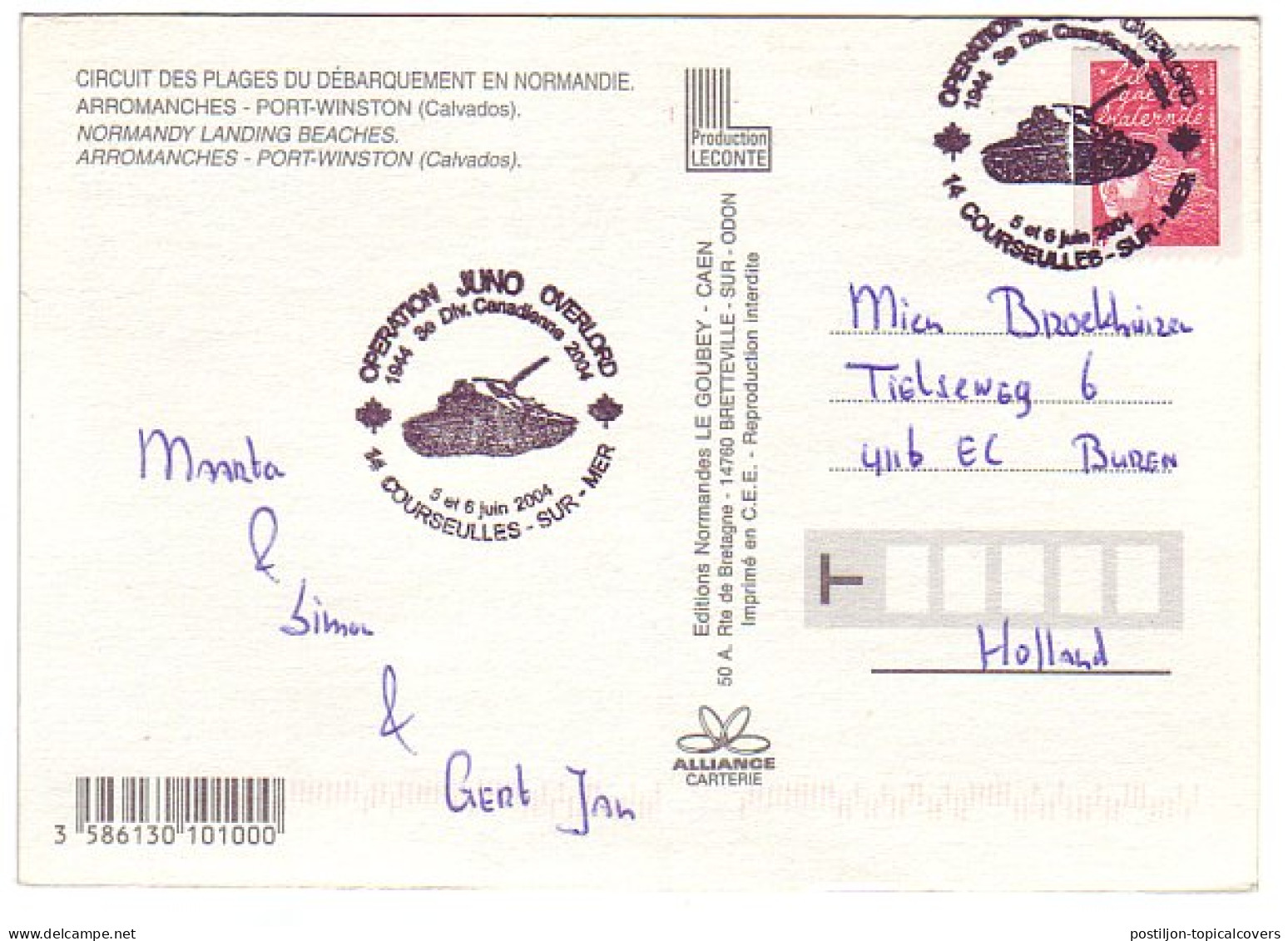 Card / Postmark France 2004 Operation Juno Overlord - Tank - WW2 (II Guerra Mundial)