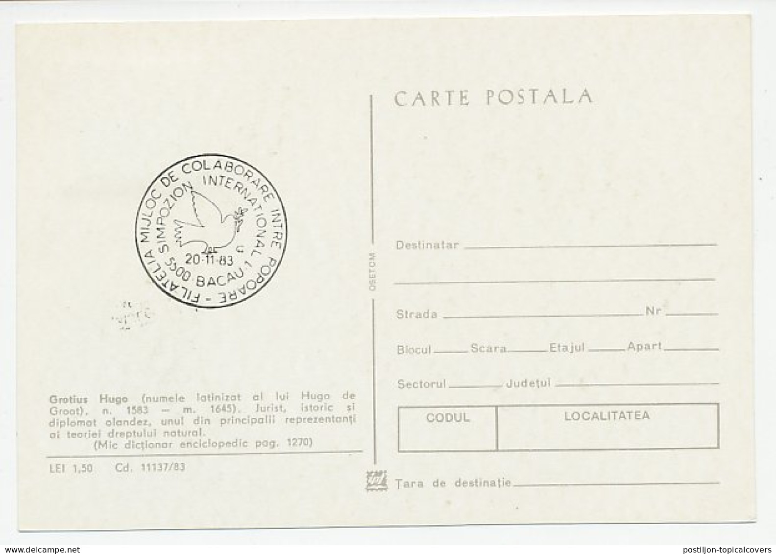 Maximum Card Romania 1983 Hugo Grotius - Dutch Jurist - Politie En Rijkswacht
