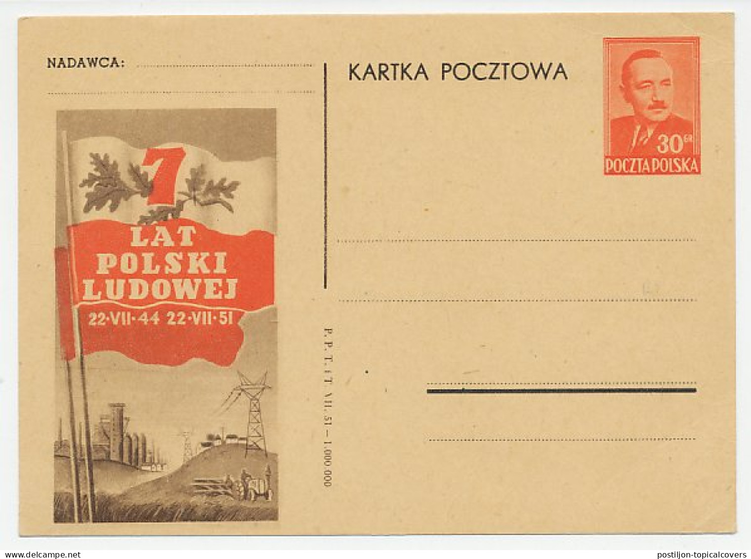 Postal Stationery Poland 1951 Tractor - Factory - Electricity - Year Of The Polish People - Landbouw
