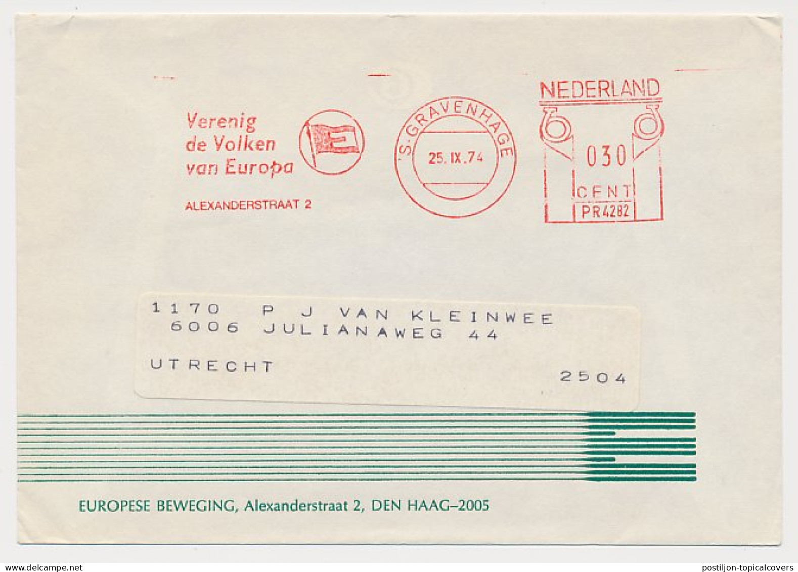 Meter Cover Netherlands 1974 Unite The Peoples Of Europe - European Movement - The Hague - Europese Instellingen