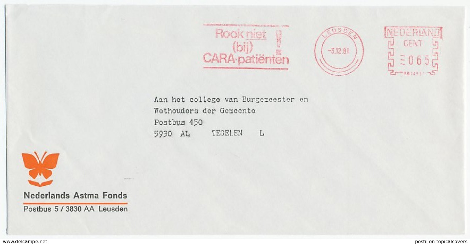 Meter Cover Netherlands 1981 Asthma Fund - Do Not Smoke At Cara Patients - Tobacco