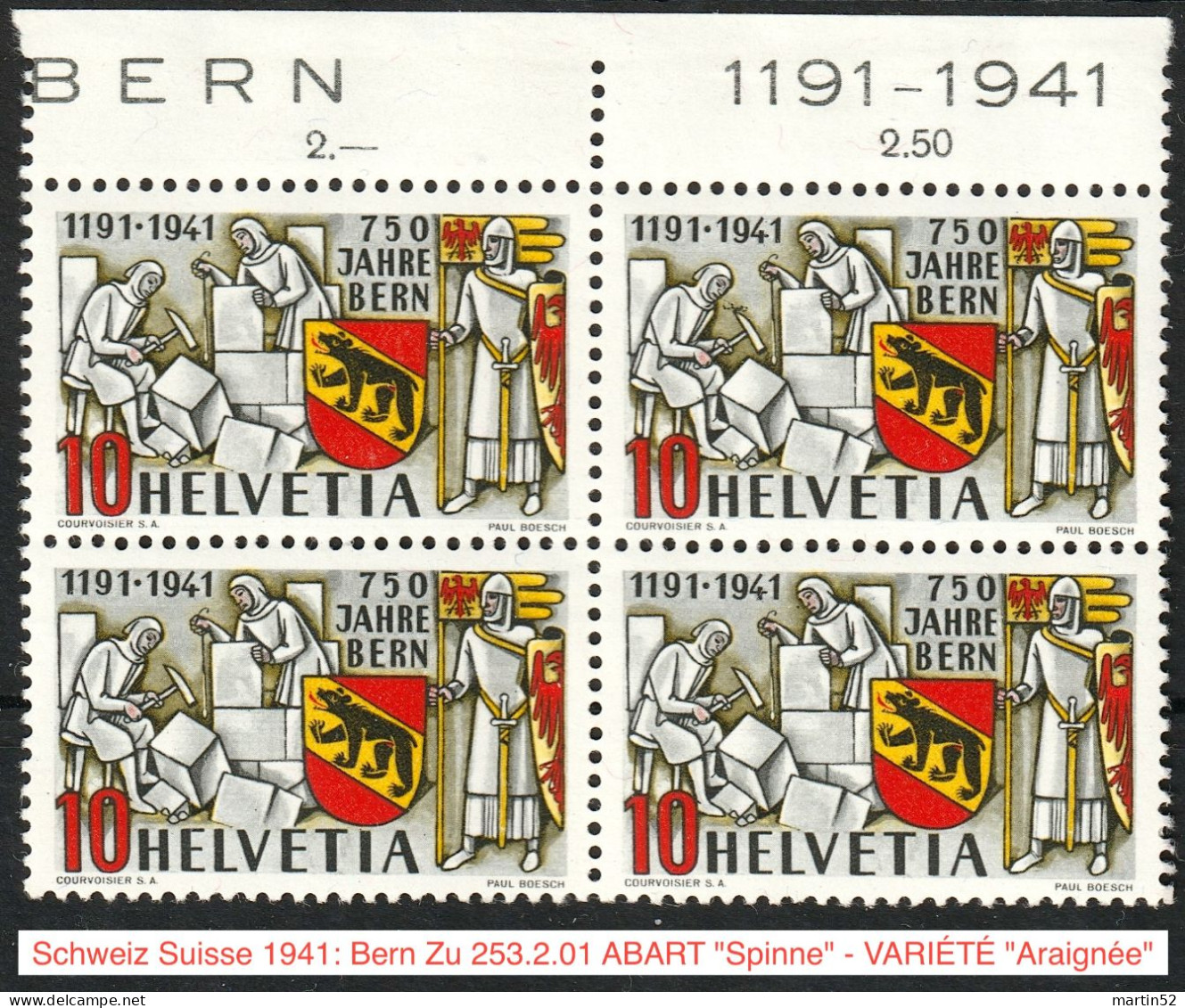 Schweiz Suisse 1941: Bern Zu 253.2.01 ABART "Spinne" - VARIÉTÉ "Araignée" Im Block (oben Rechts) ** MNH (Zu CHF 100.00) - Plaatfouten