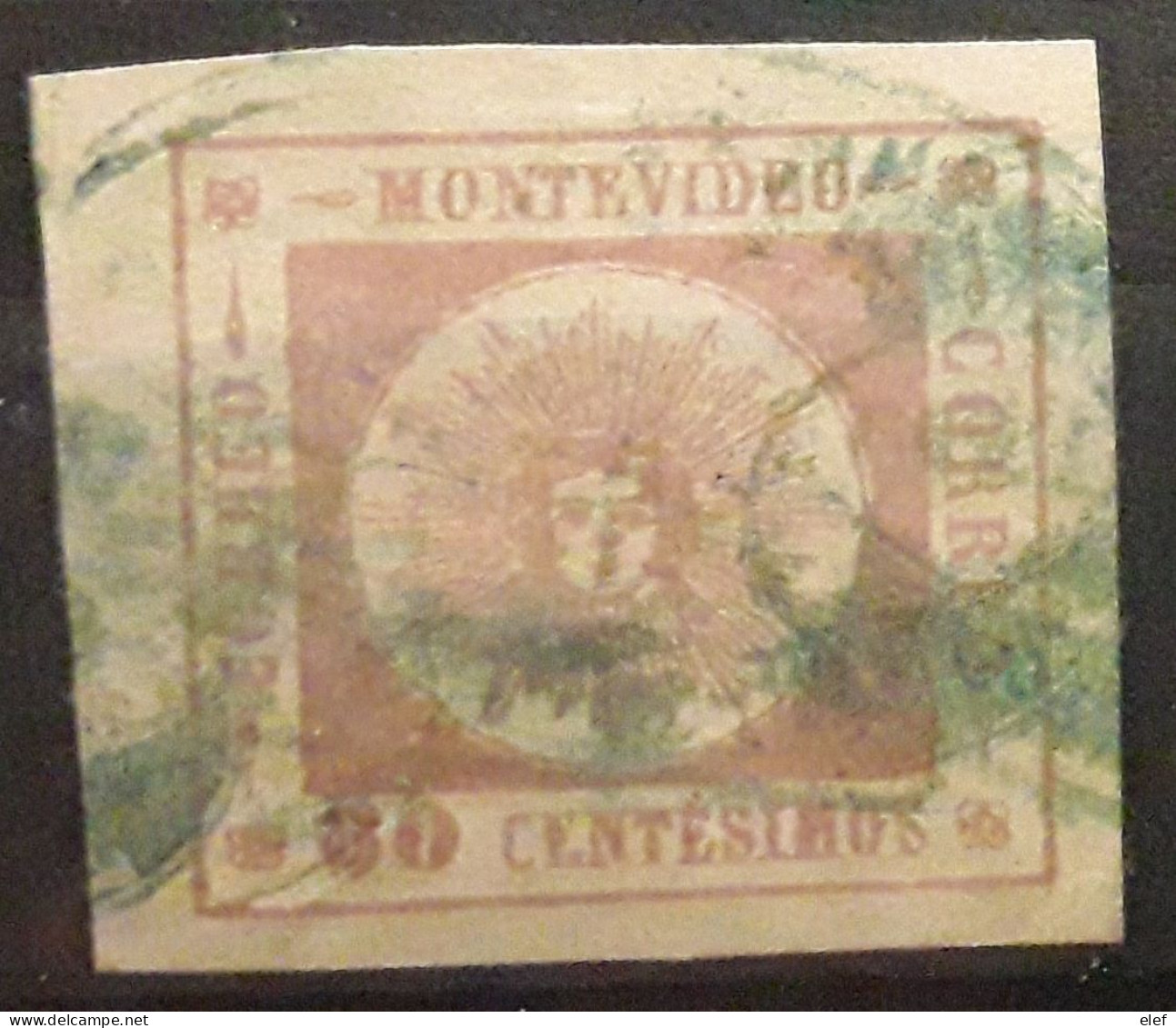 URUGUAY 1859, Armoiries Soleil Sun , Yvert No 7, 60 C LILAS LILAC Shade , Blue Cancel,  TTB - Uruguay