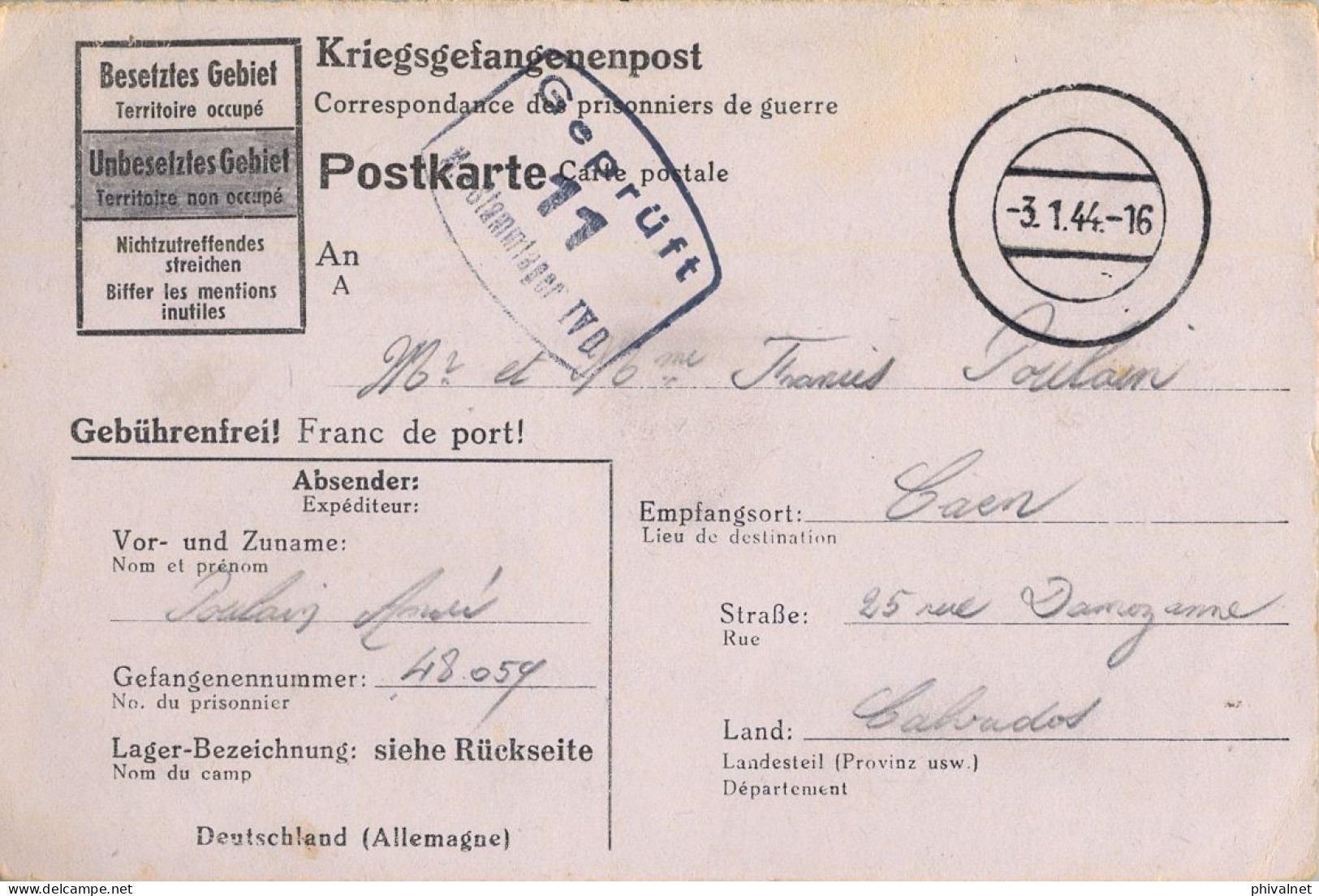 1944 KRIEGSGEFANGENENLAGER / STAMMLAGER IV D , CENSURA " GEPRÜFT 11 " , T.P. CIRCULADA , PRISIONEROS DE GUERRA - Gevangenenpost