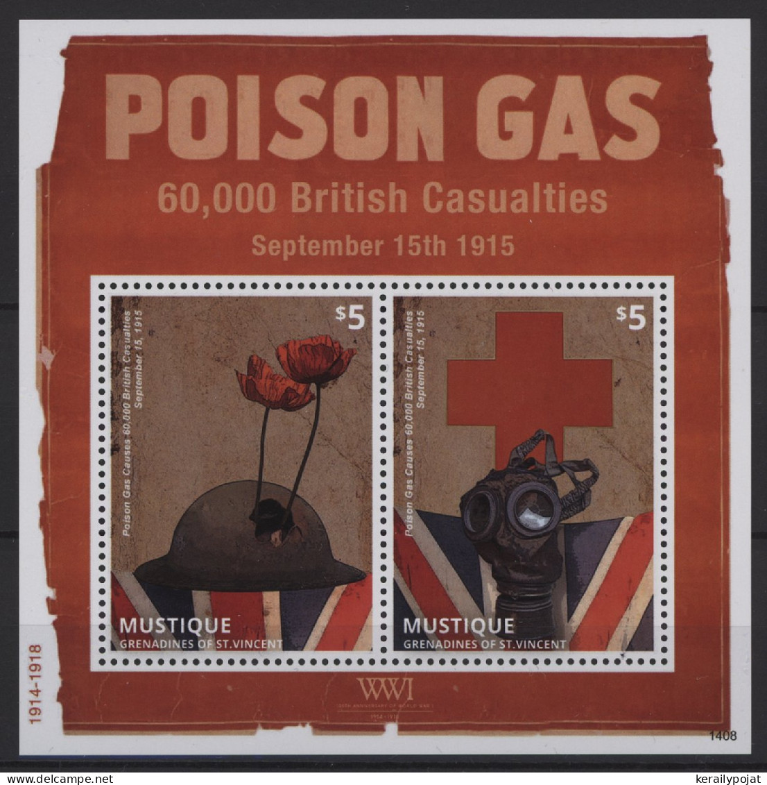 Mustique - 2014 WW1 British Poison Gas Victims Block MNH__(TH-27397) - St.Vincent Y Las Granadinas