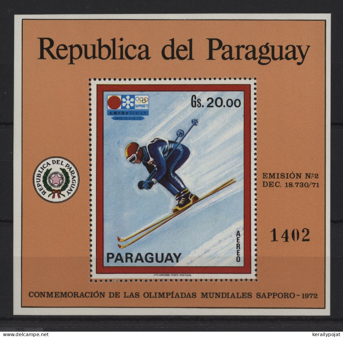 Paraguay - 1972 Winter Olympics Sapporo Block (1) MNH__(TH-24287) - Paraguay