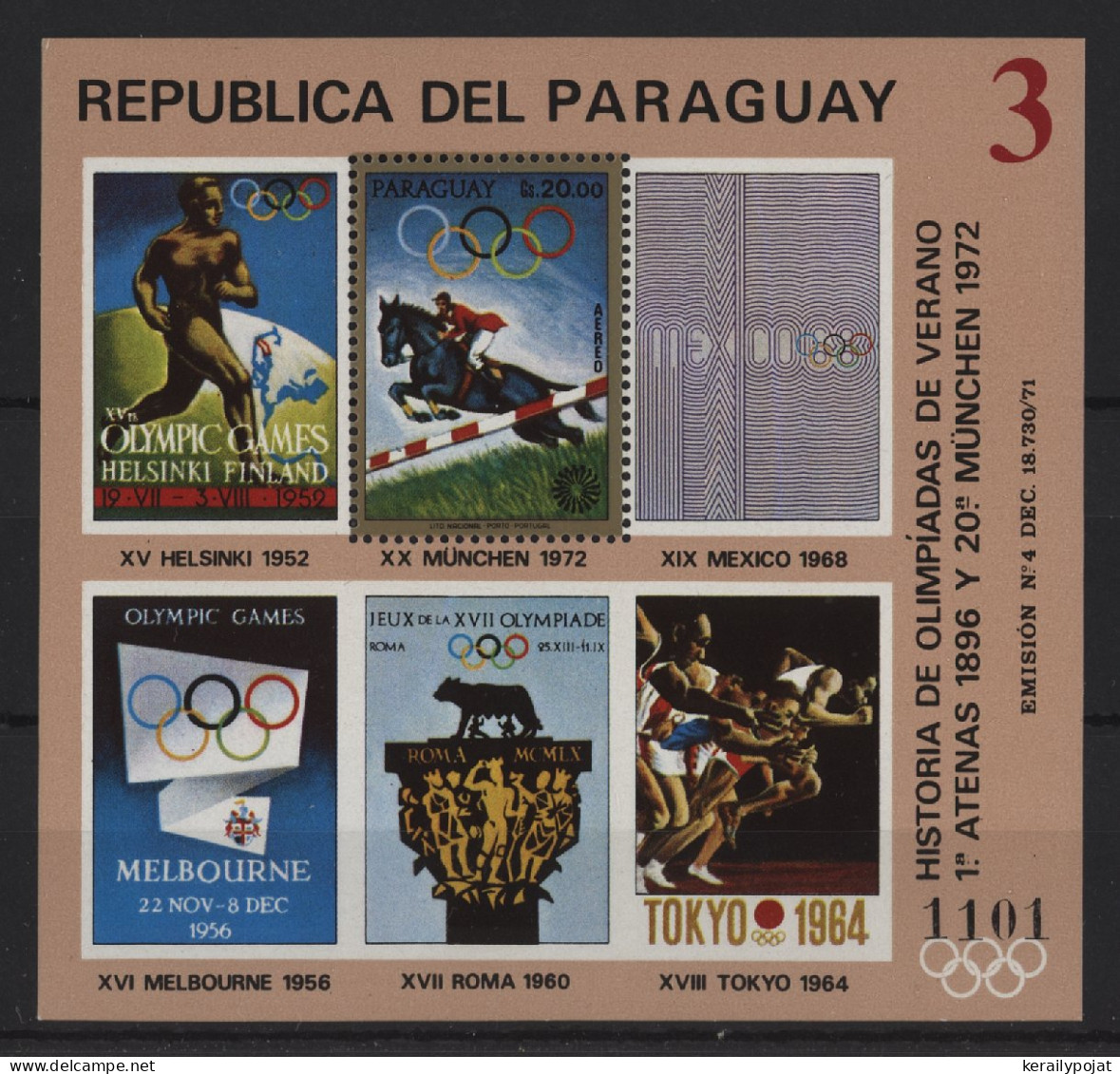 Paraguay - 1972 History Of The Olympic Games Block (6) MNH__(TH-24235) - Paraguay