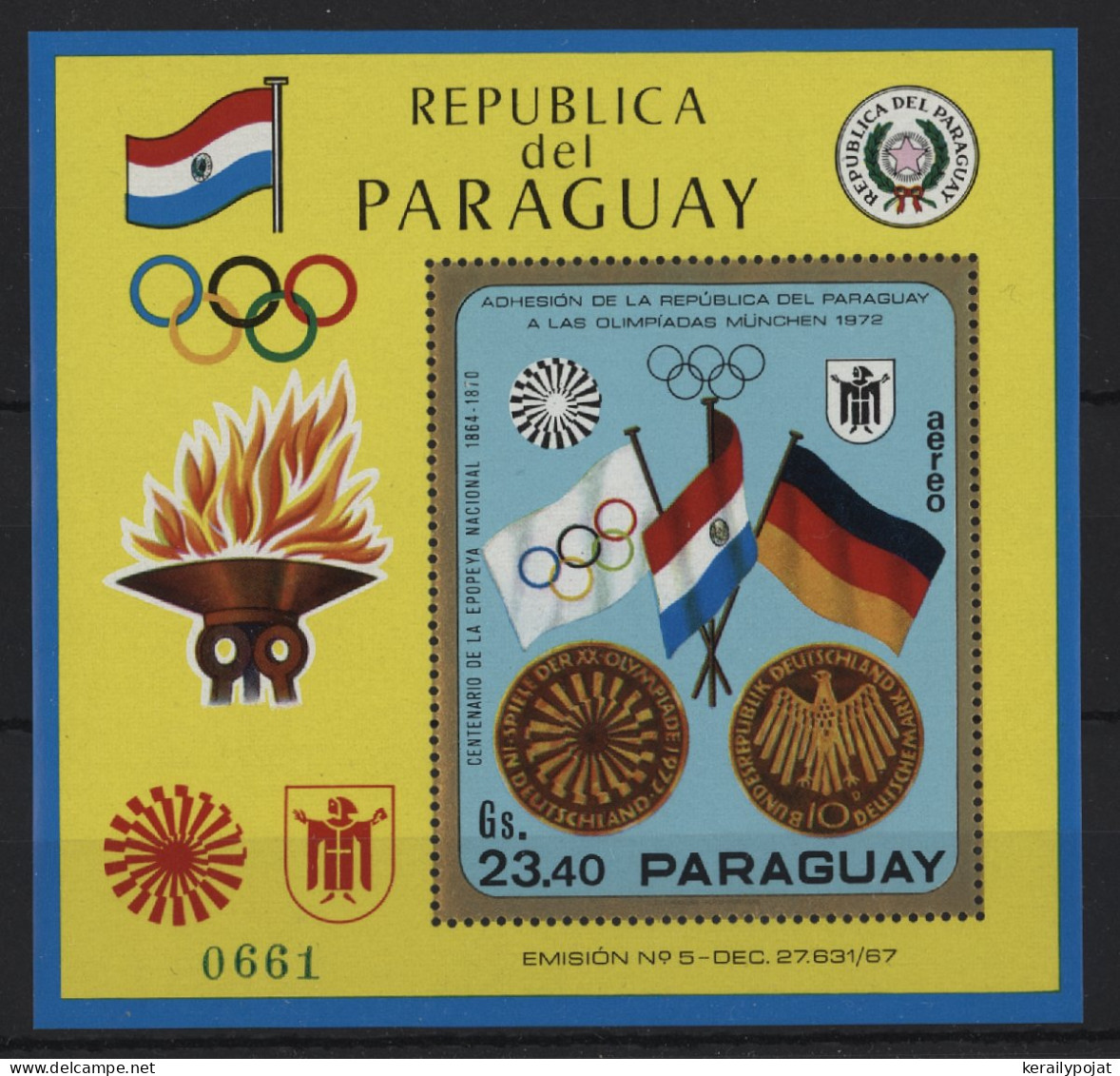 Paraguay - 1970 Summer Olympics Munich Block (1) MNH__(TH-24280) - Paraguay