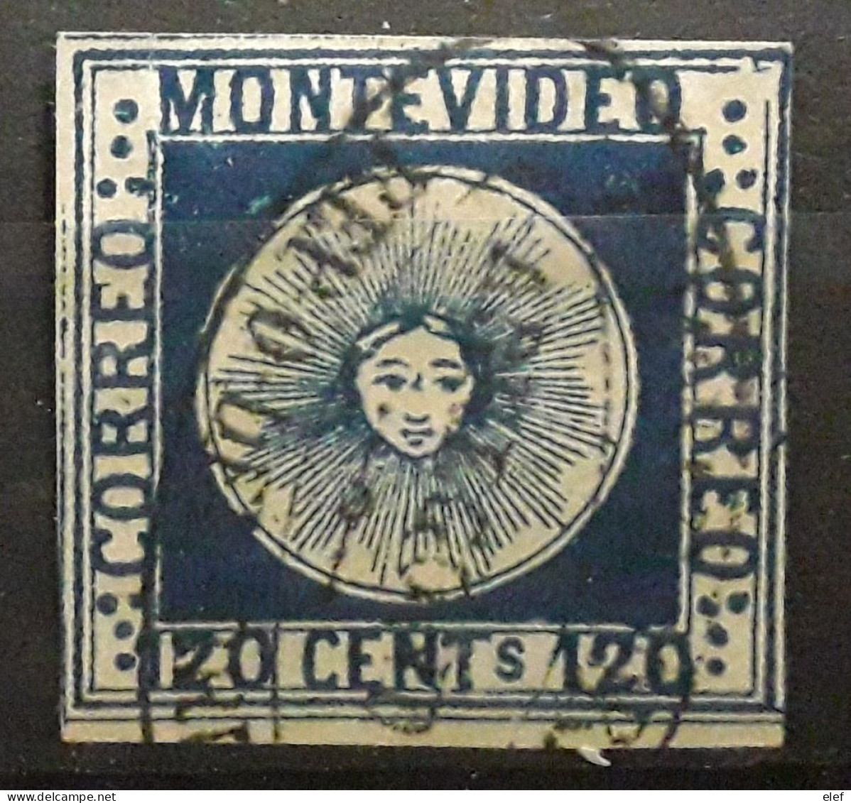 URUGUAY 1858, Armoiries Soleil Sun , Yvert No 4, 120 C Bleu , Nice Cancel, Beau Cachet  TB - Uruguay