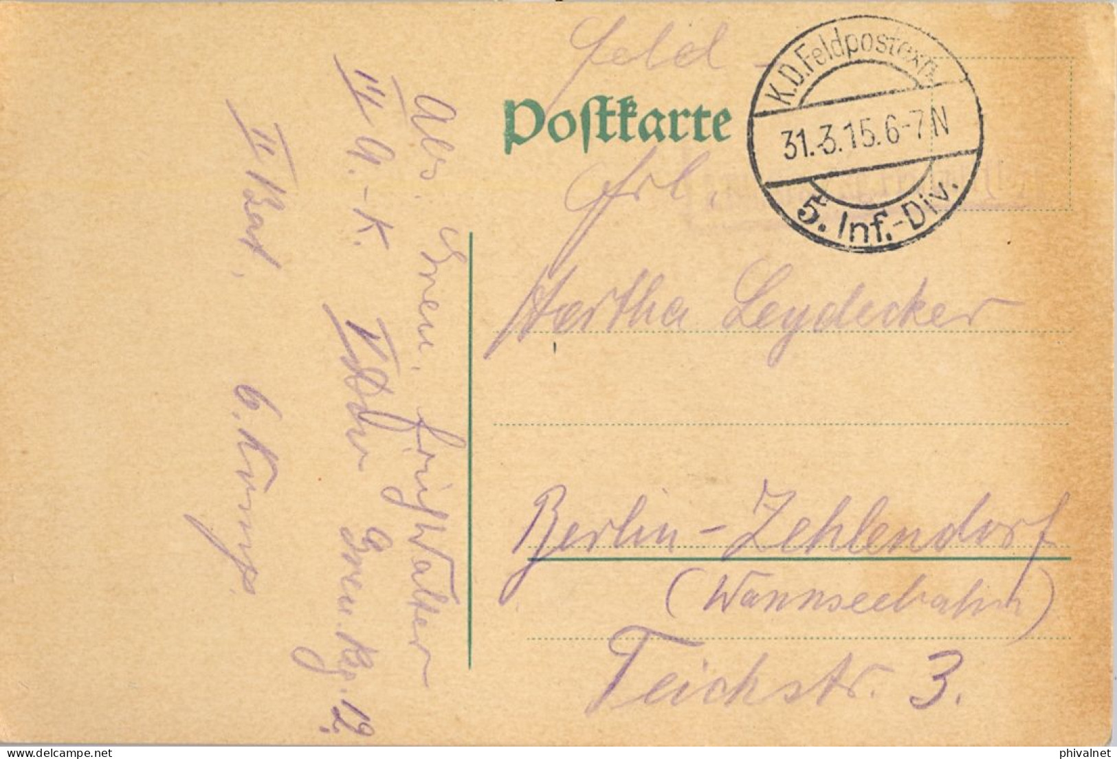 1915 CORREO MILITAR , FELDPOST , K.D. FELDPOSTEXP. / 5. INF - DIV.  , T.P. CIRCULADA  A BERLIN . - Feldpost (postage Free)