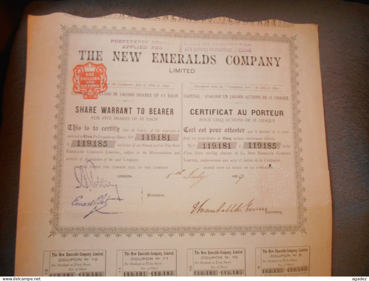 Titre De 5 Actions "The New Emarelds Company 1899 - Industrial