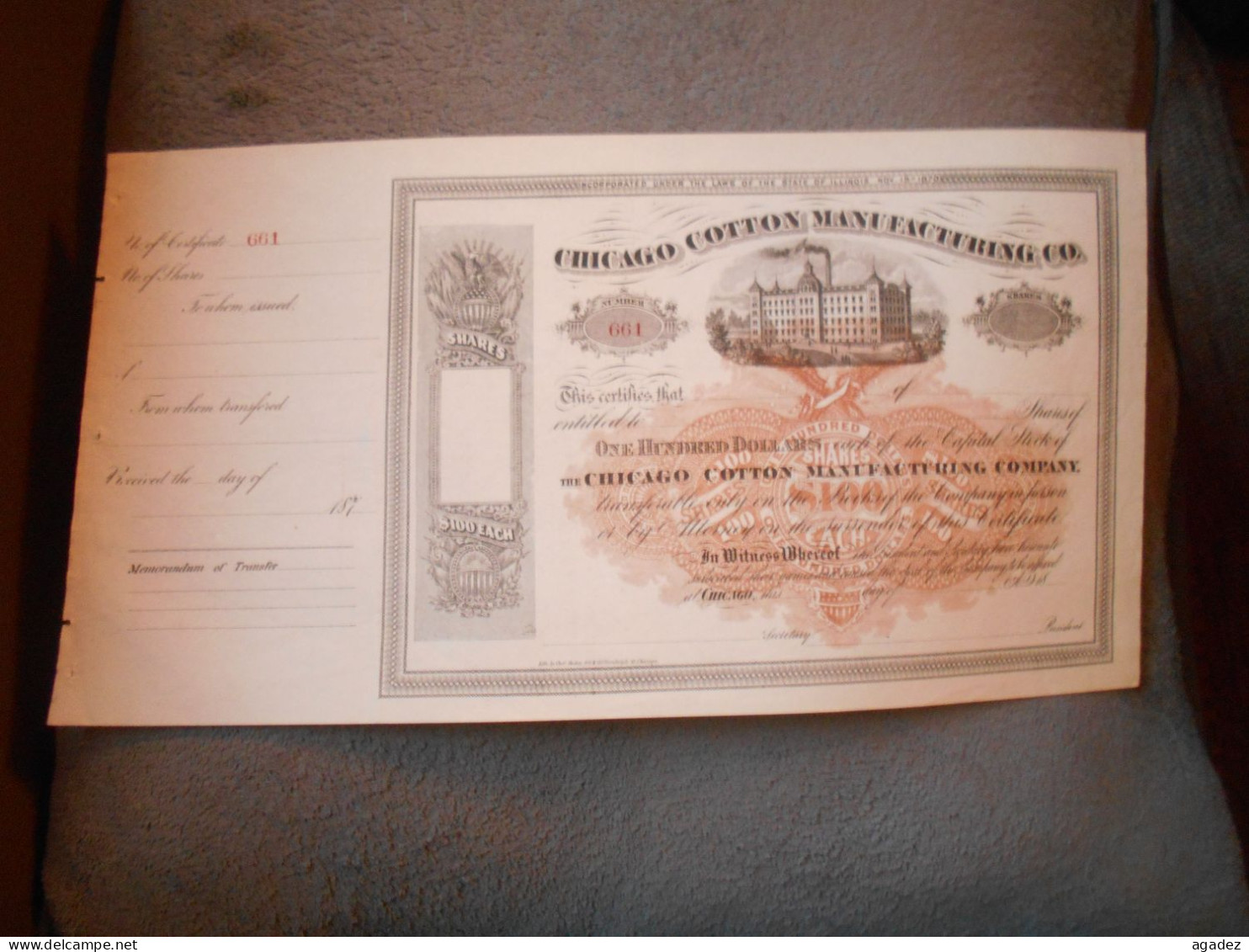 Certificate One Hundred Dollars Chicago Cotton Manufacturing - Industry