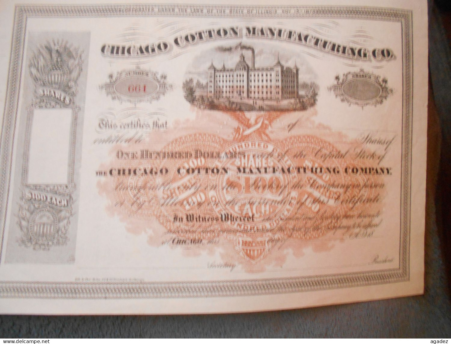 Certificate One Hundred Dollars Chicago Cotton Manufacturing - Industrial