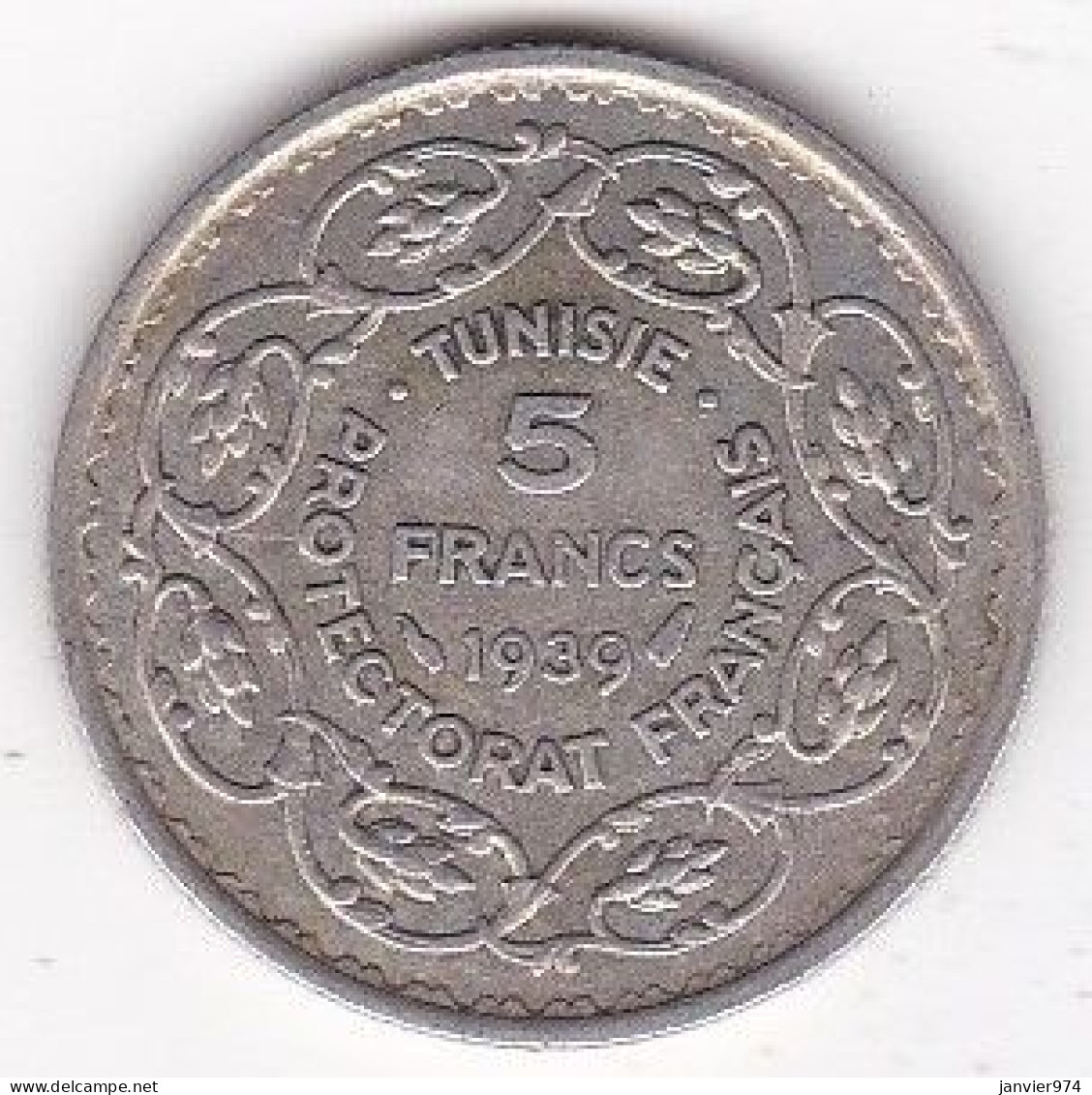 Protectorat Français Tunisie 5 Francs 1939 - AH1358 , En Argent, Lec # 309 - Tunisie