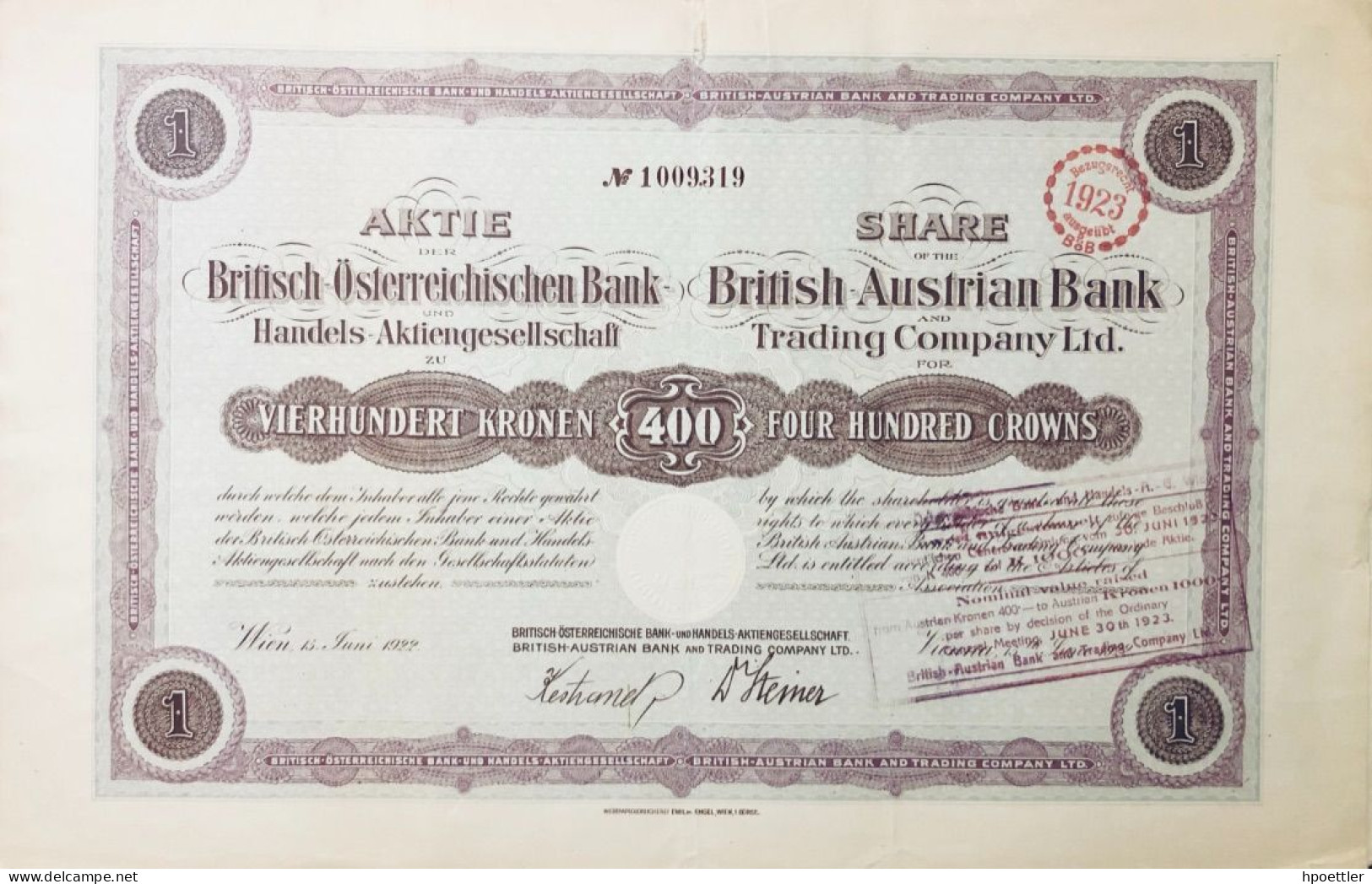 Tres Rare: Aktie Britisch-Österreichische Bank Handels-AG  - Grand Format - Bank & Versicherung