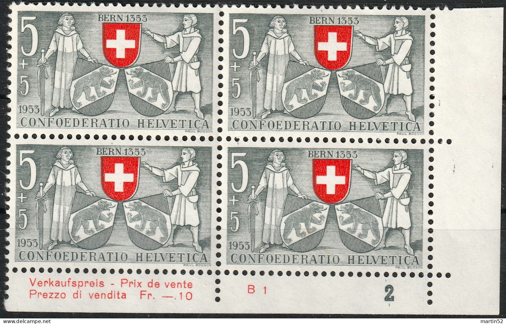 Schweiz Suisse Pro Patria 1953: Zu WII 61 Mi 580 Yv 531 BERN 1353 Eckrand-Block Mit Nr. ** Postfrisch MNH (Zu CHF 9.00) - Sellos