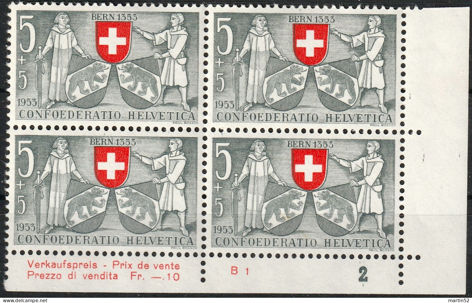 Schweiz Suisse Pro Patria 1953: Zu WII 61 Mi 580 Yv 531 BERN 1353 Eckrand-Block Mit Nr. ** Postfrisch MNH (Zu CHF 9.00) - Briefmarken