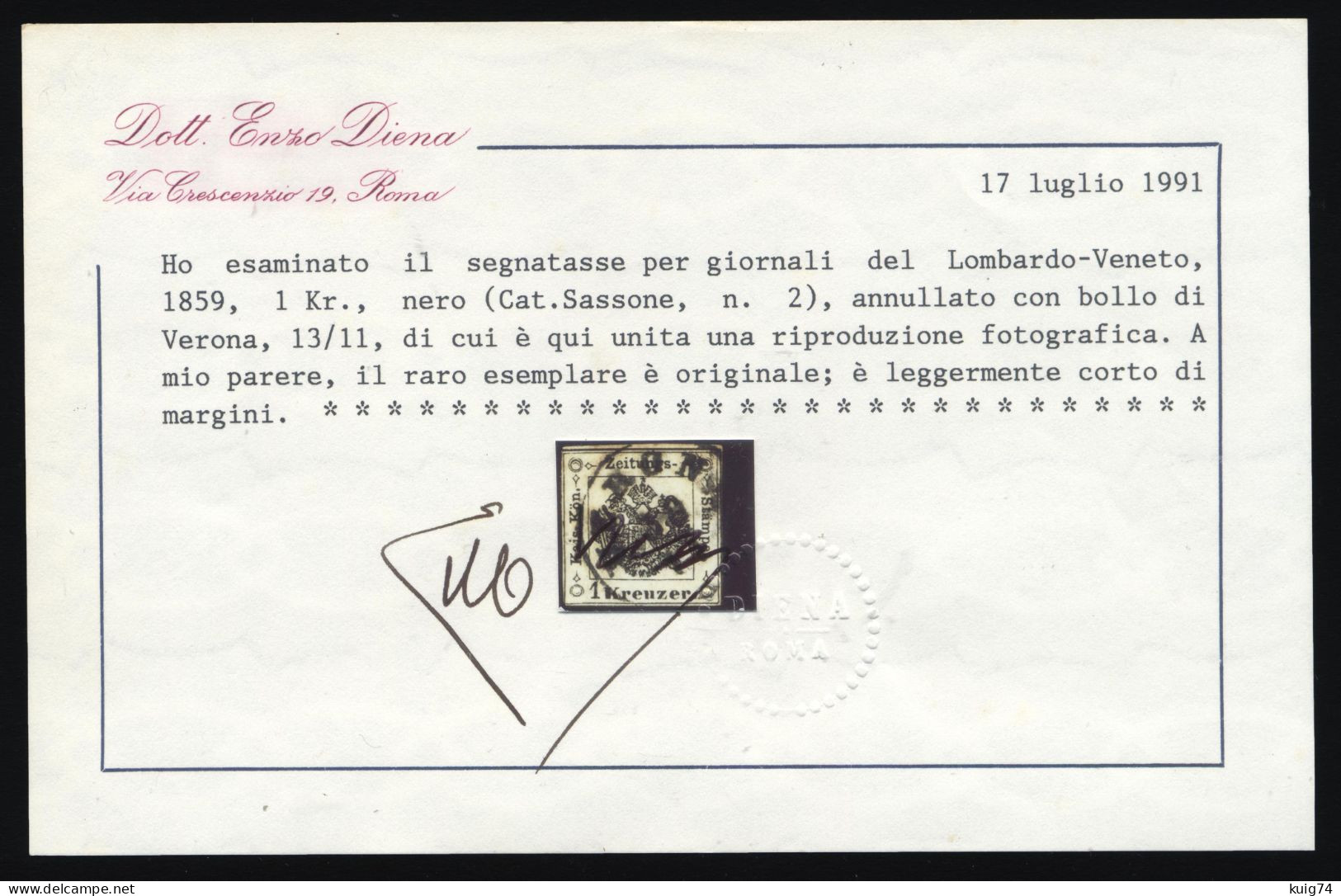 1858 LOMBARDO VENETO SEGNATASSE GIORNALI 1Kr. NERO N.2 USATO CERT. ENZO DIENA CAT. €15.000 !!! - USED RARE - Lombardo-Veneto
