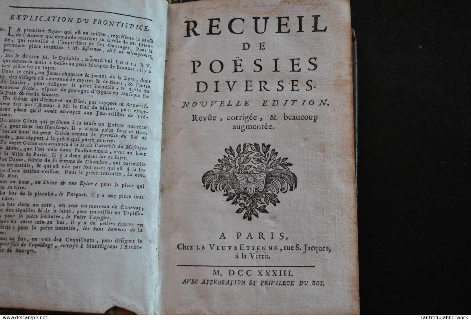 Recueil De Poésies Diverses Nouvelle édition Revue Corrigée Chez La Veuve Etienne La Vertu 1733 Privilège Du Roi Reliure - 1701-1800