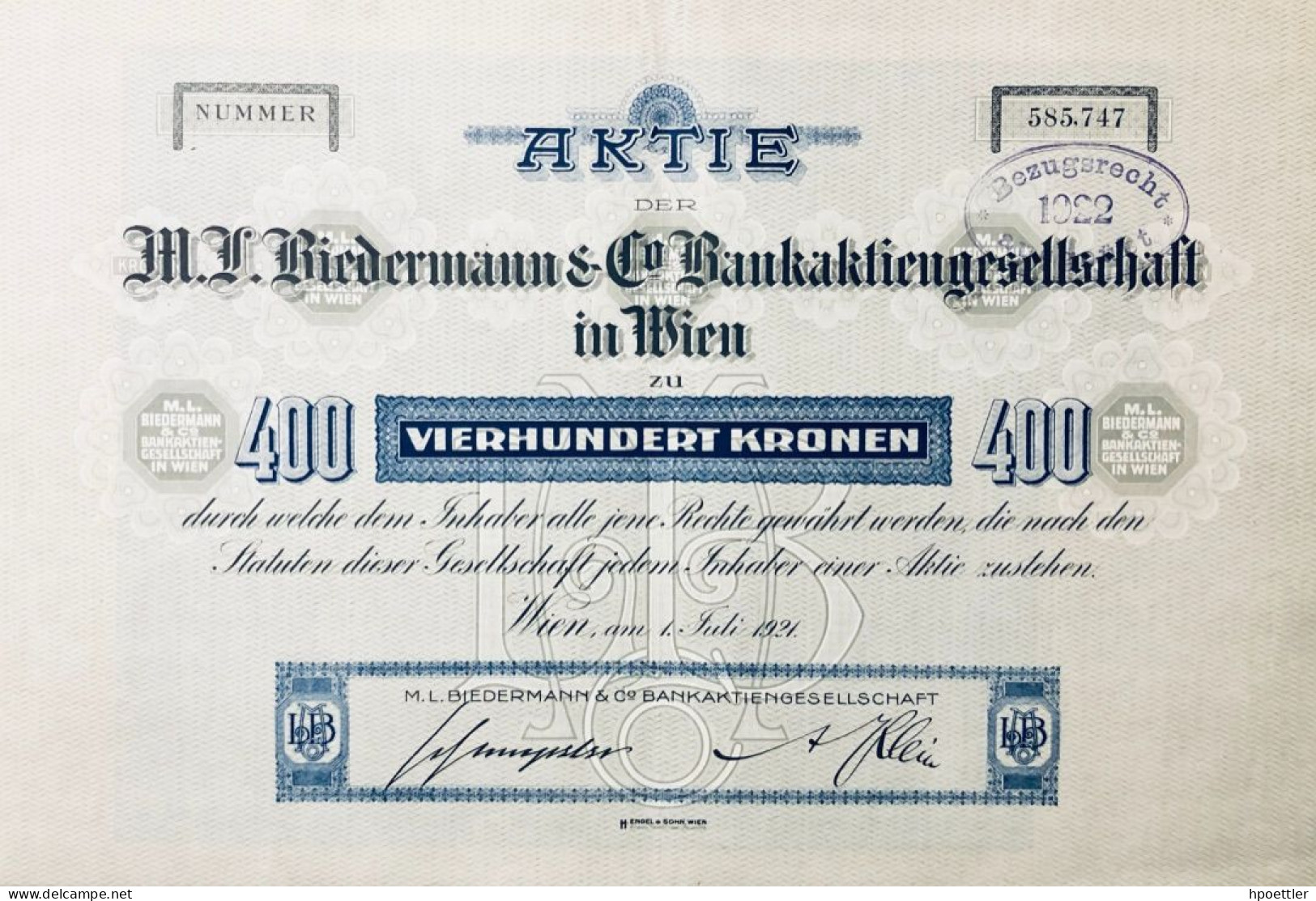 Austria - Vienne 1923 - M. L. Biedermann & Co Bankaktiengesellschaft - Schumpeter - Bank & Versicherung