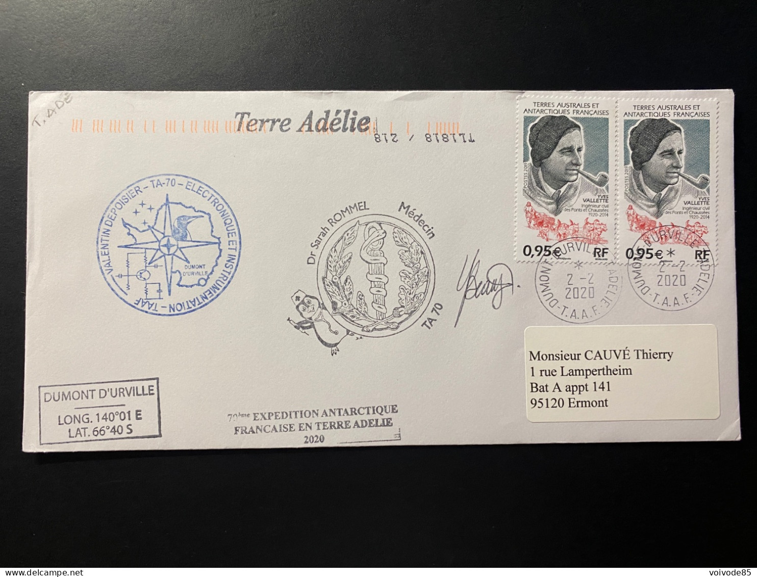 Lettre "Yves Valette - Chiens De Traineaux" 02/02/2020 - TAAF - Terre Adélie - Lettres & Documents