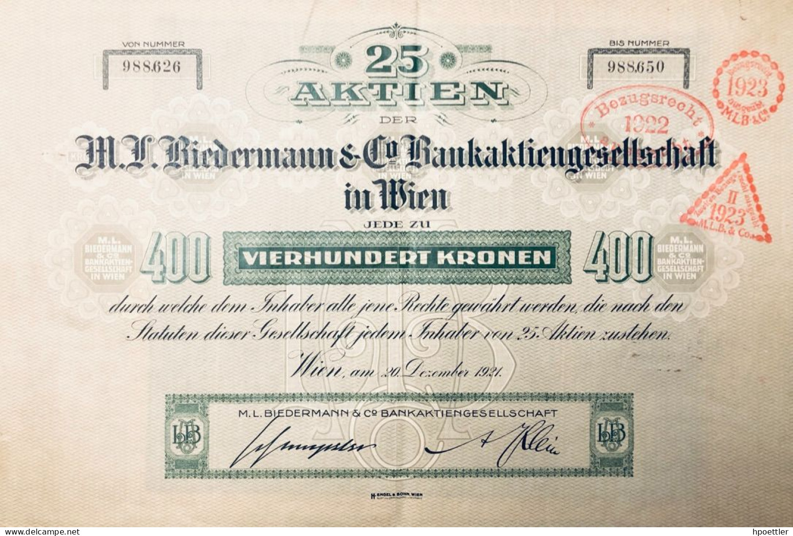 Austria - Vienne 1921 - 25 Aktien Der M. L. Biedermann & Co Bankaktiengesellschaft In Wien - Schumpeter - Bank En Verzekering